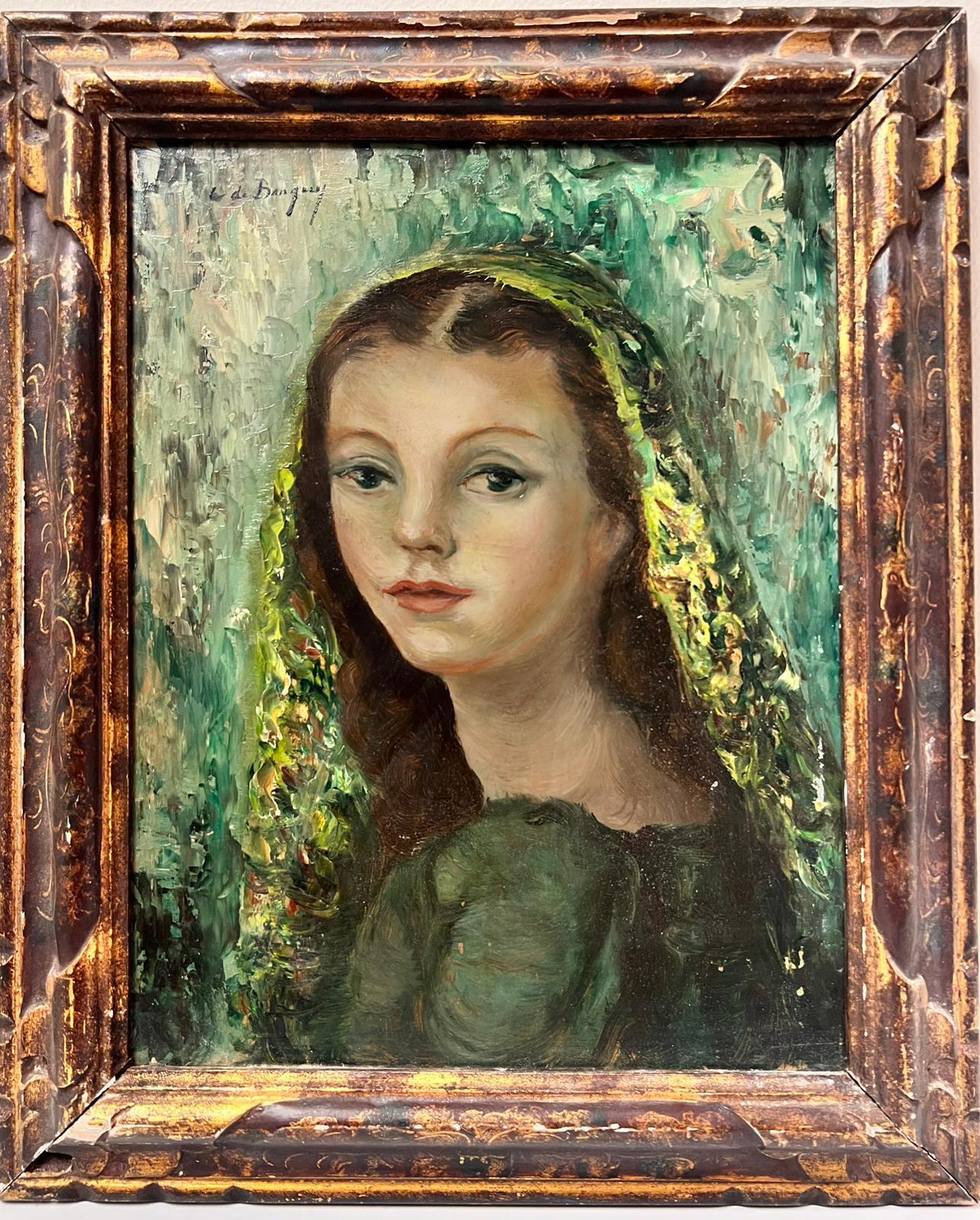 Anna de Banguy Figurative Painting - 1960's French Modernist Signed Oil Painting Portrait Young Girl Beautiful Frame