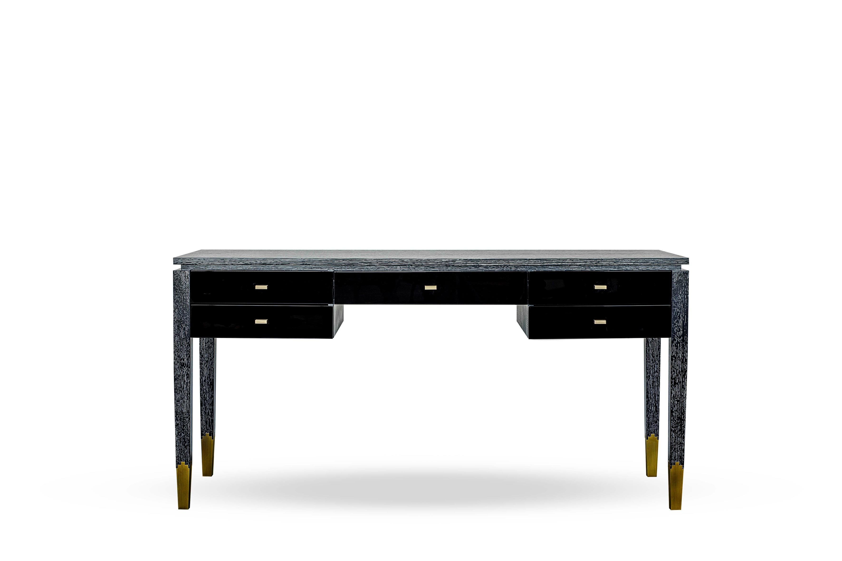 Anna Desk by DUISTT 
Dimensions: W 140 x D 70 x H 76 cm
Materials: Black Limed Oak, High Gloss Black Lacquered Wood and Brass

Anna is an elegant desk, crafted with great attention to details, that features a beautiful structure in oak with a limed