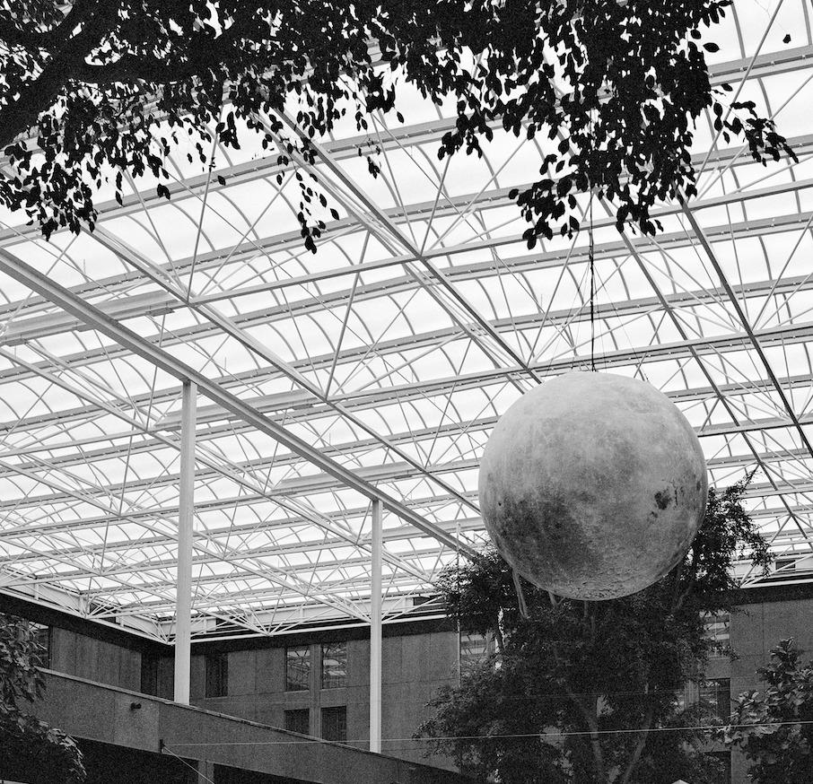 Black & White Square Architectural Photography: Hotel Pool with Moon-like Sphere For Sale 1