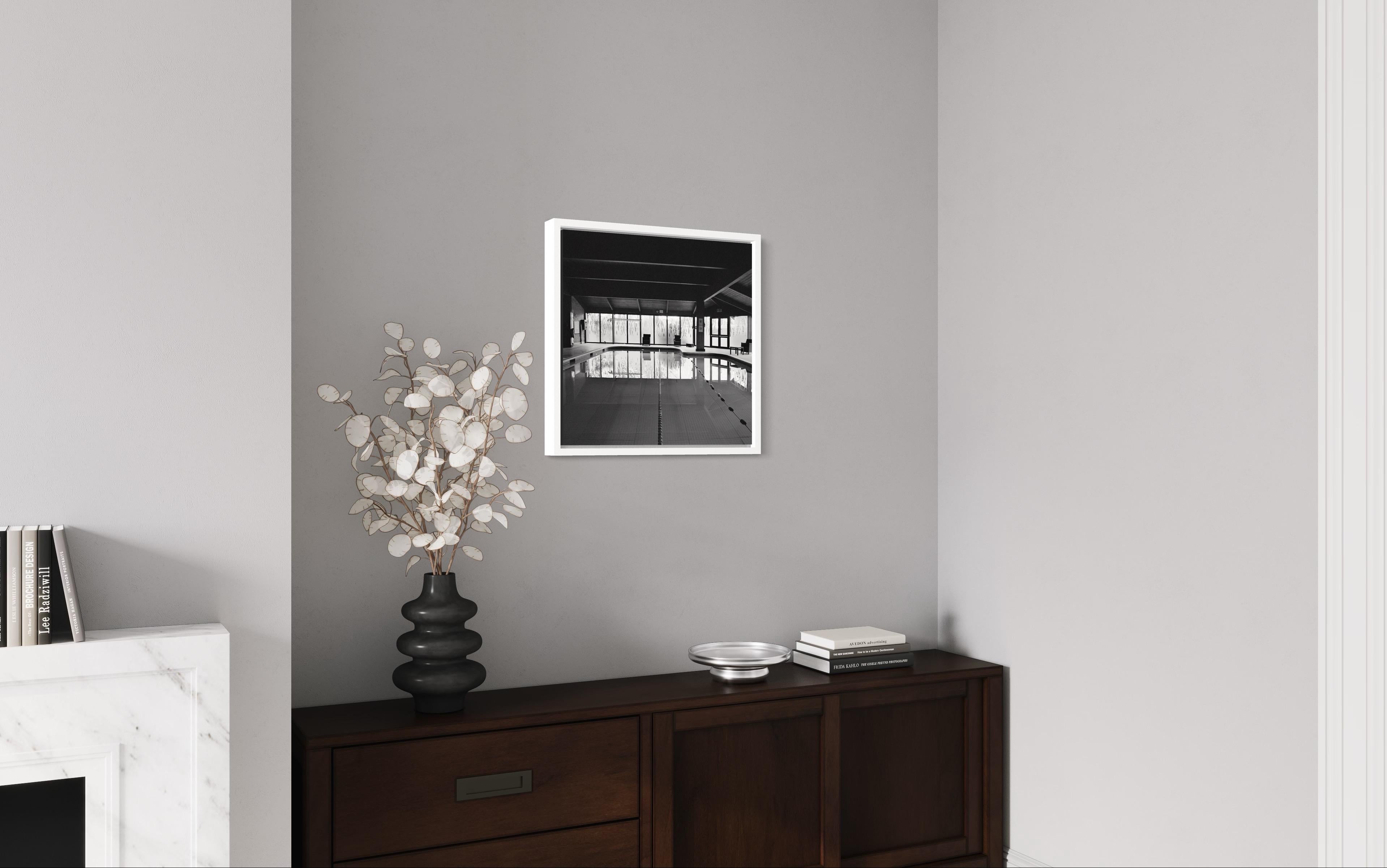 Black & White Square Architecture Photography with White Frame and Museum Glass For Sale 1