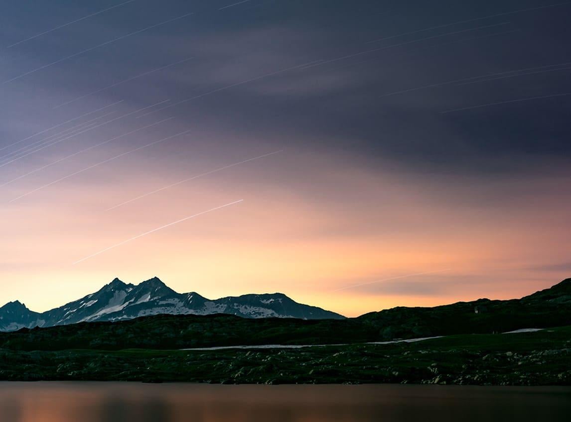 Long Exposure Medium Format Photography. Swiss Alps and a lake at night For Sale 1