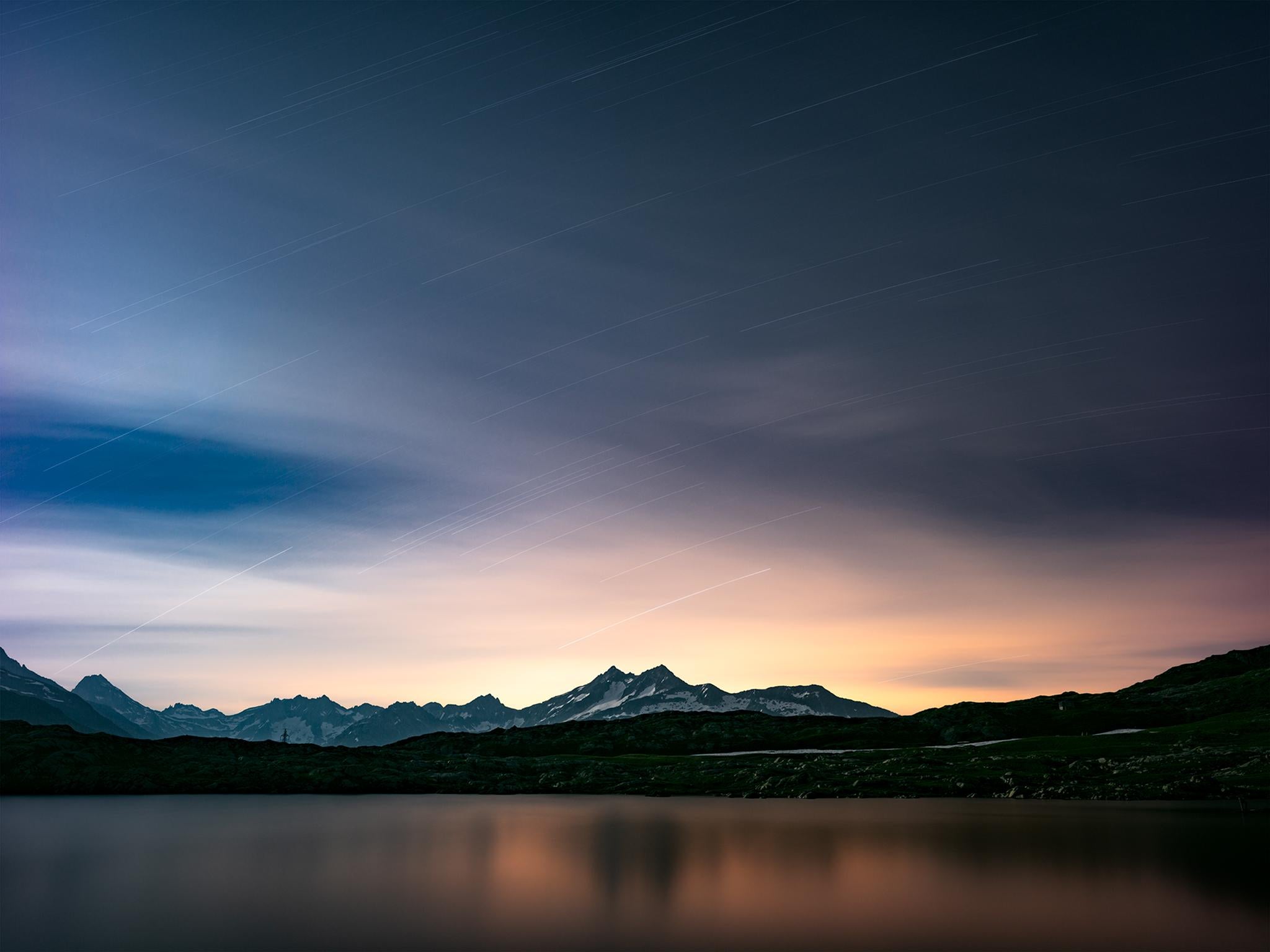 Long Exposure Medium Format Photography. Swiss Alps and a lake at night