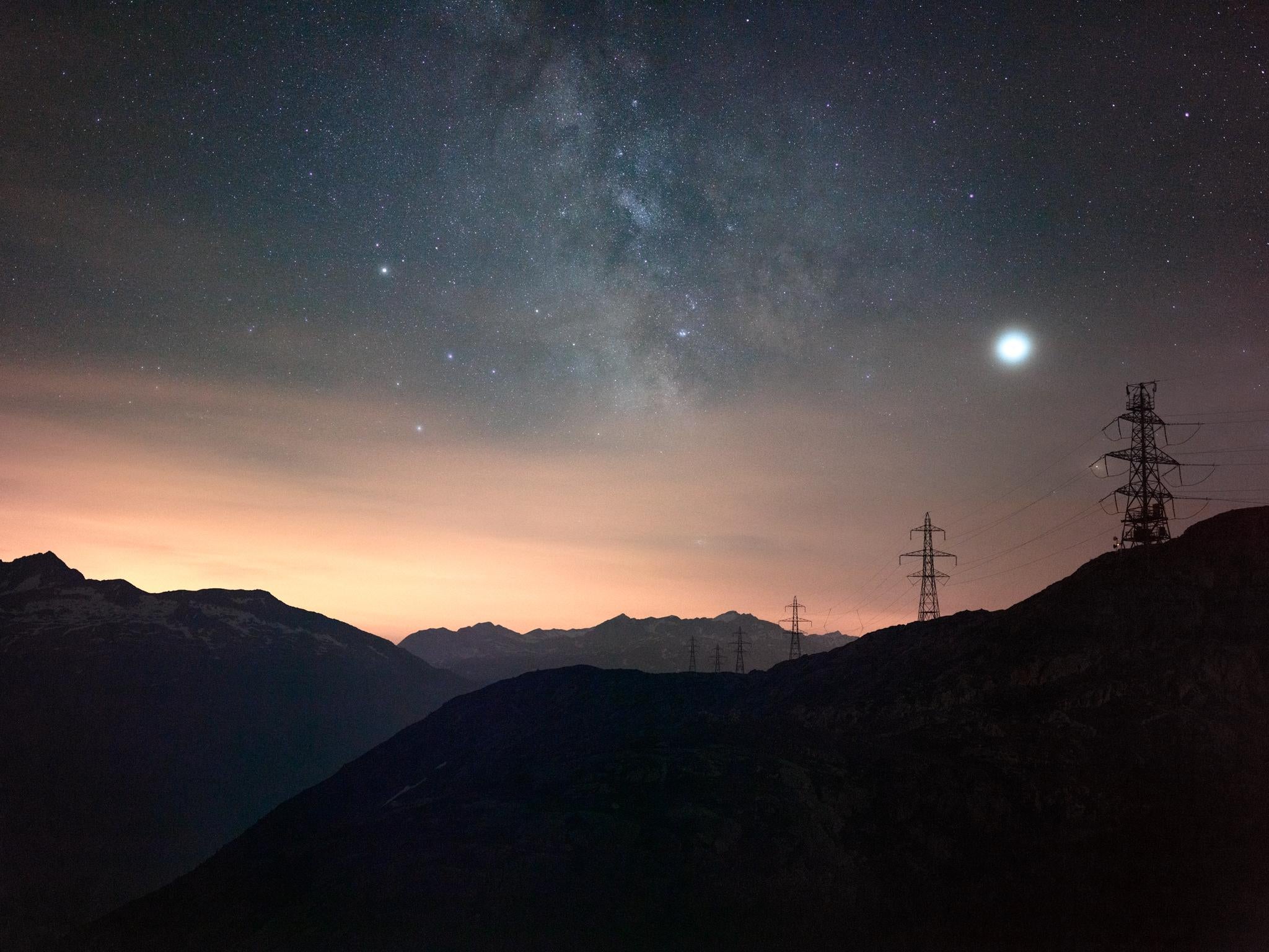Anna Dobrovolskaya-Mints Color Photograph - Jupiter & Milky Way in Switzerland. Alpine photo, floating frame, museum glass