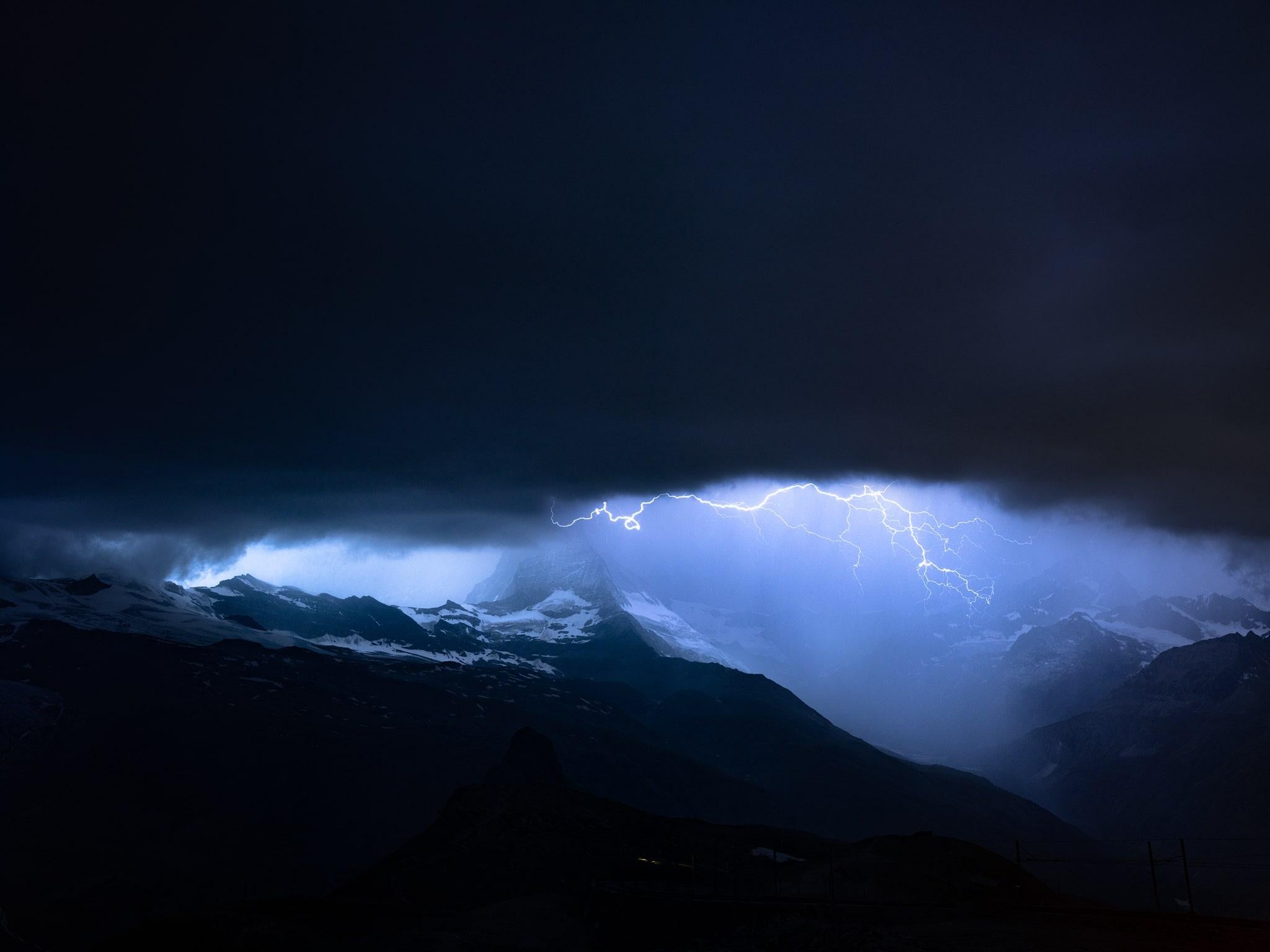Anna Dobrovolskaya-Mints Color Photograph - Lightning Storm Over Matterhorn: Night Sky Photo