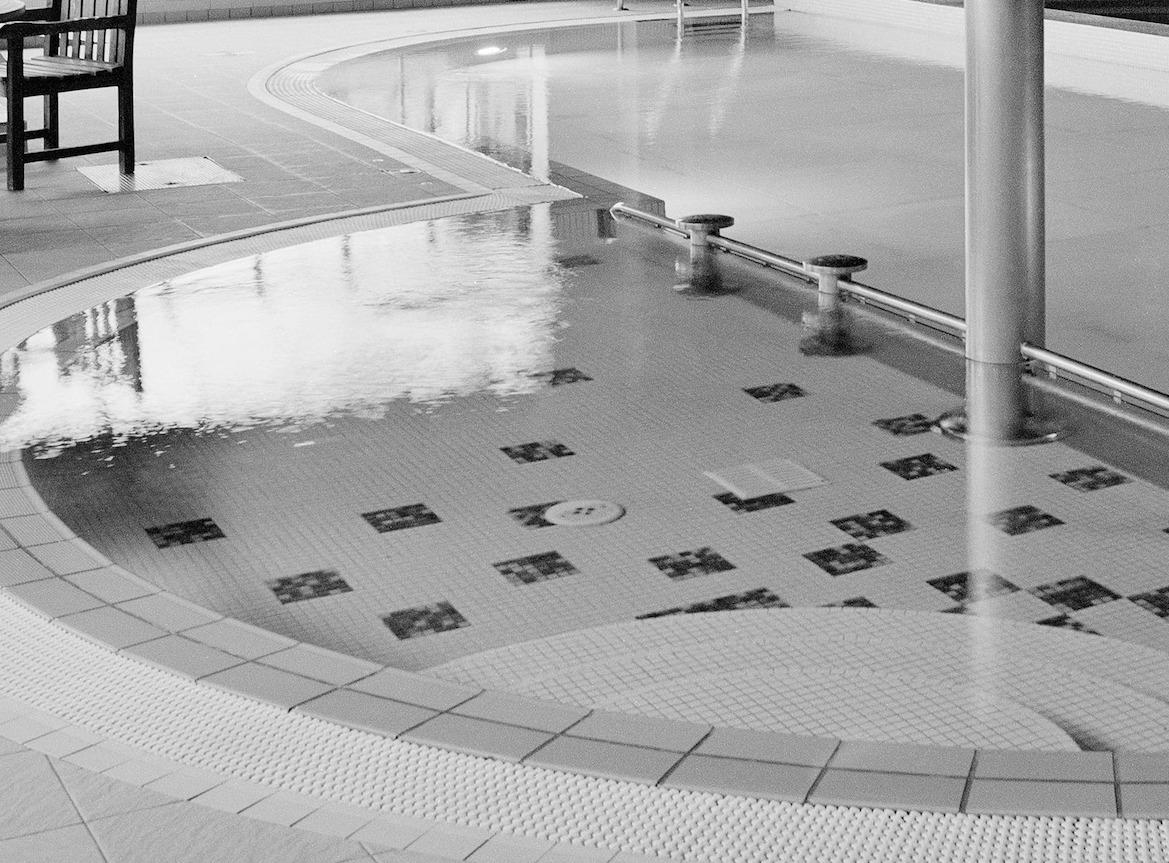Monochrome Square Architectural Photography: Swimming Pool Design with Fountain For Sale 2
