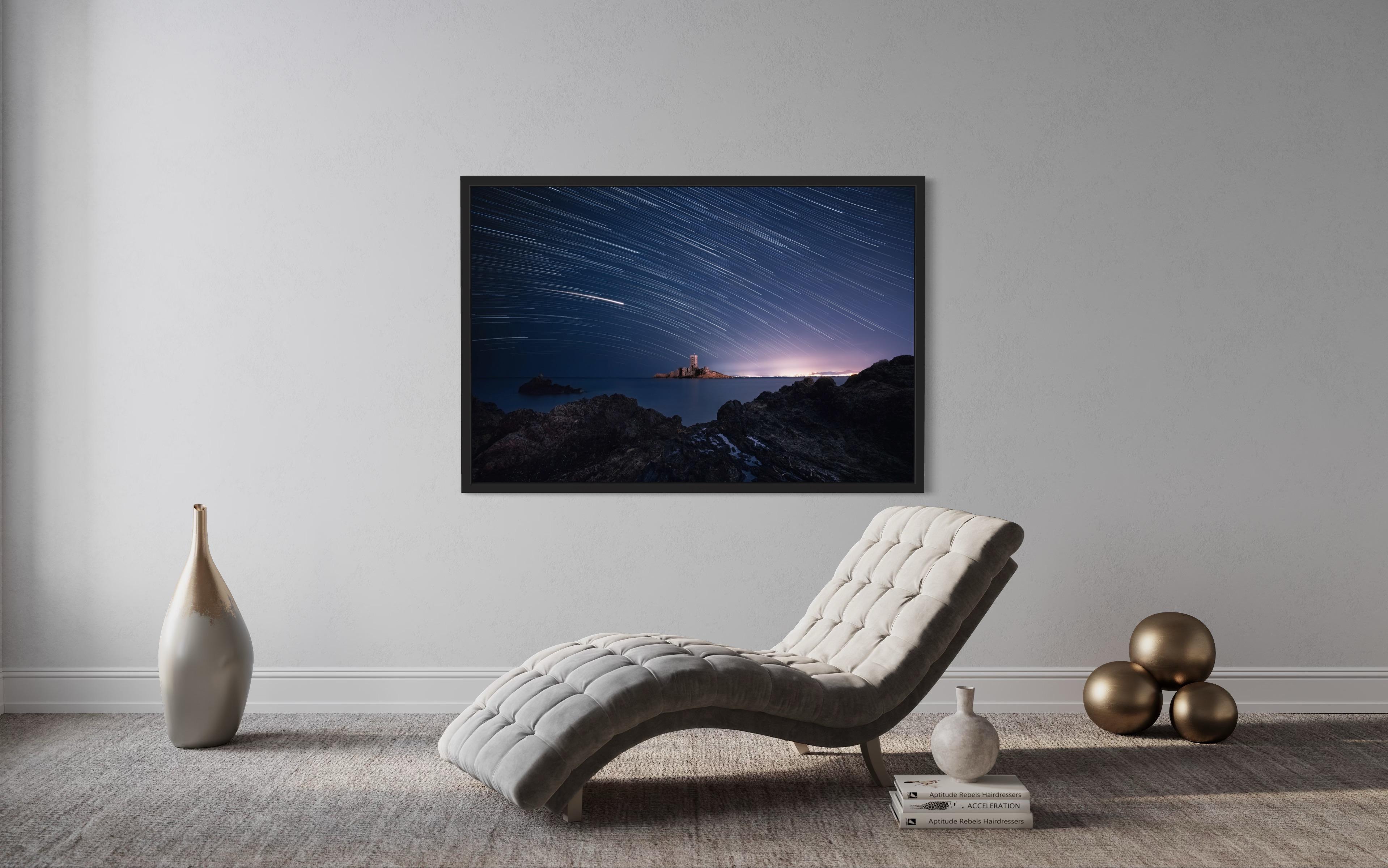 Star-trails over a castle in France. Blue photo, floating frame, museum glass - Contemporary Photograph by Anna Dobrovolskaya-Mints