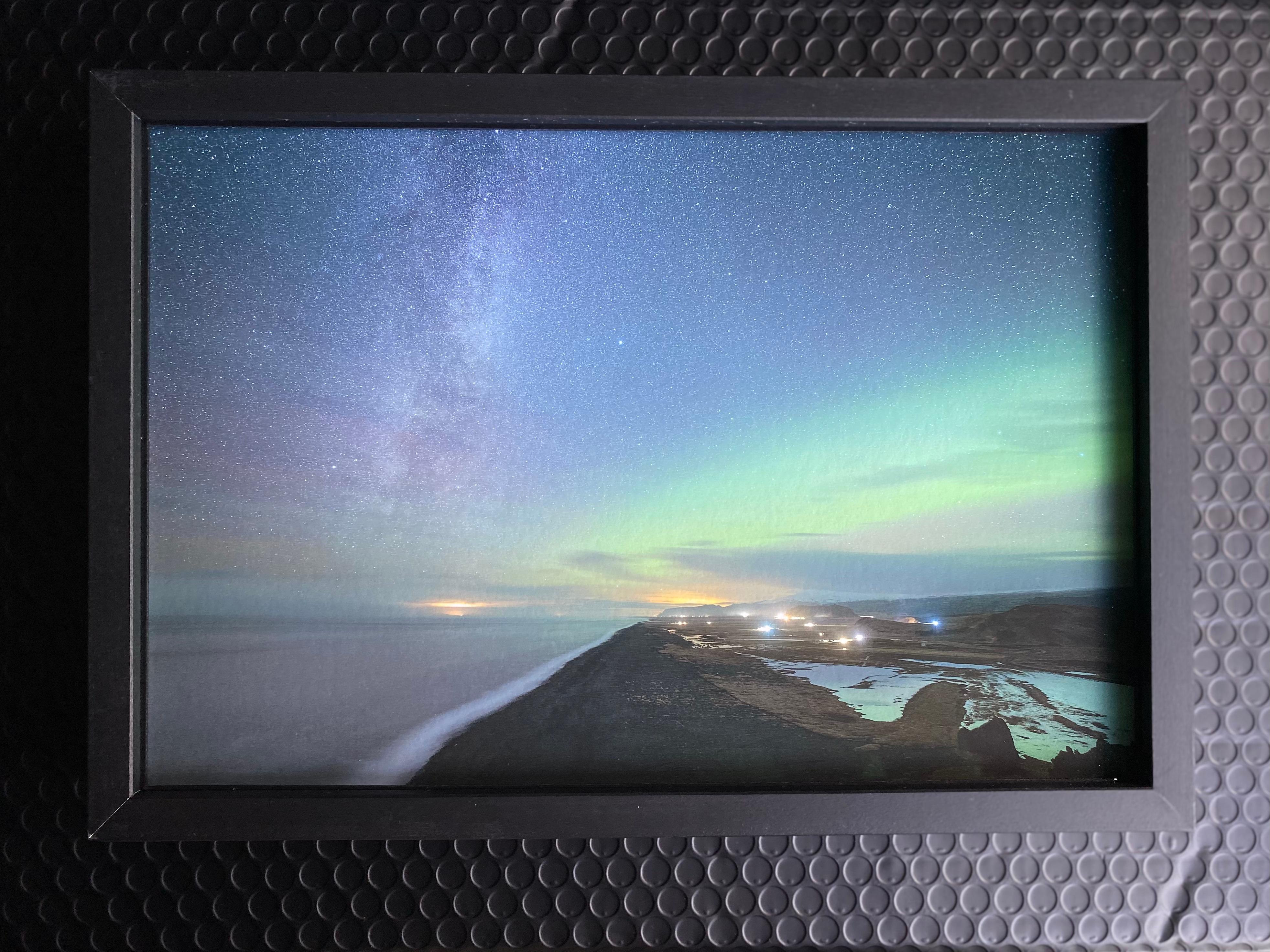 Anna Dobrovolskaya-Mints Landscape Photograph - Starry sky and Northern Lights in Iceland. Green color, small framed photo
