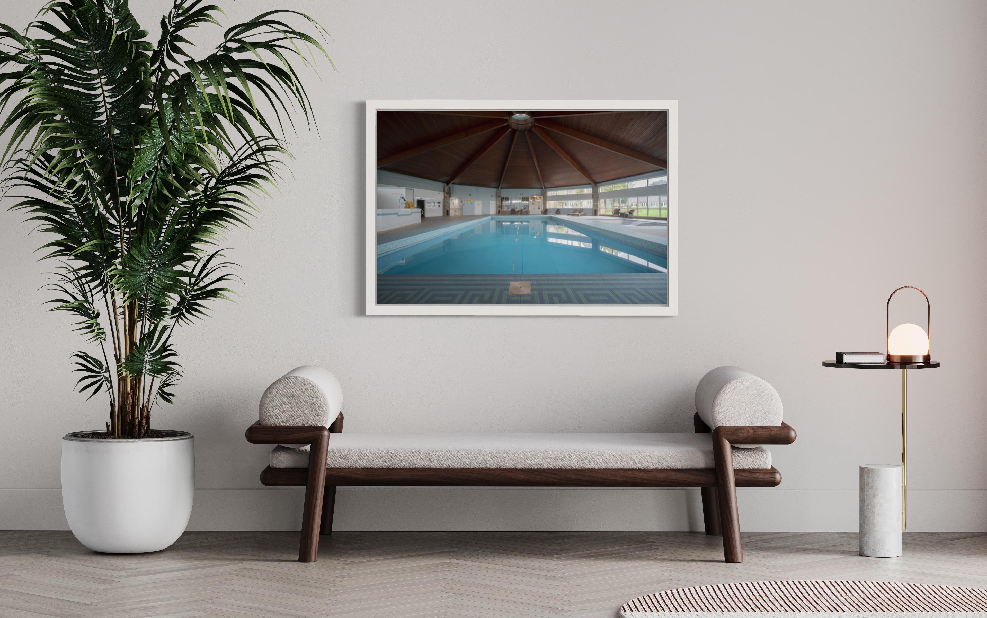 Architectural photo of a pool in a hotel in Wales. White frame, museum glass - Photograph by Anna Dobrovolskaya-Mints