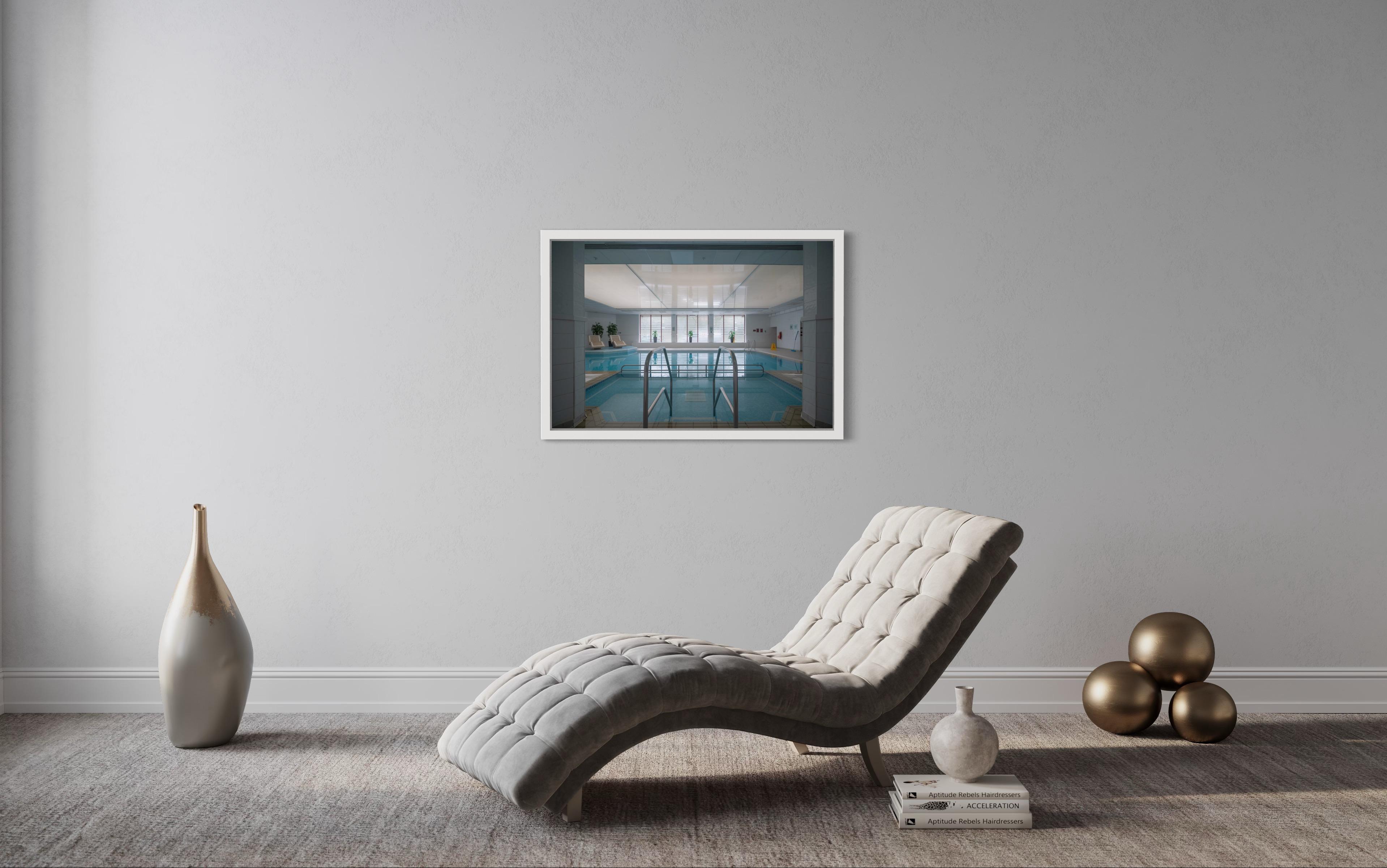 Architectural photo of a pool in a hotel in Wiltshire. White frame, museum glass - Photograph by Anna Dobrovolskaya-Mints