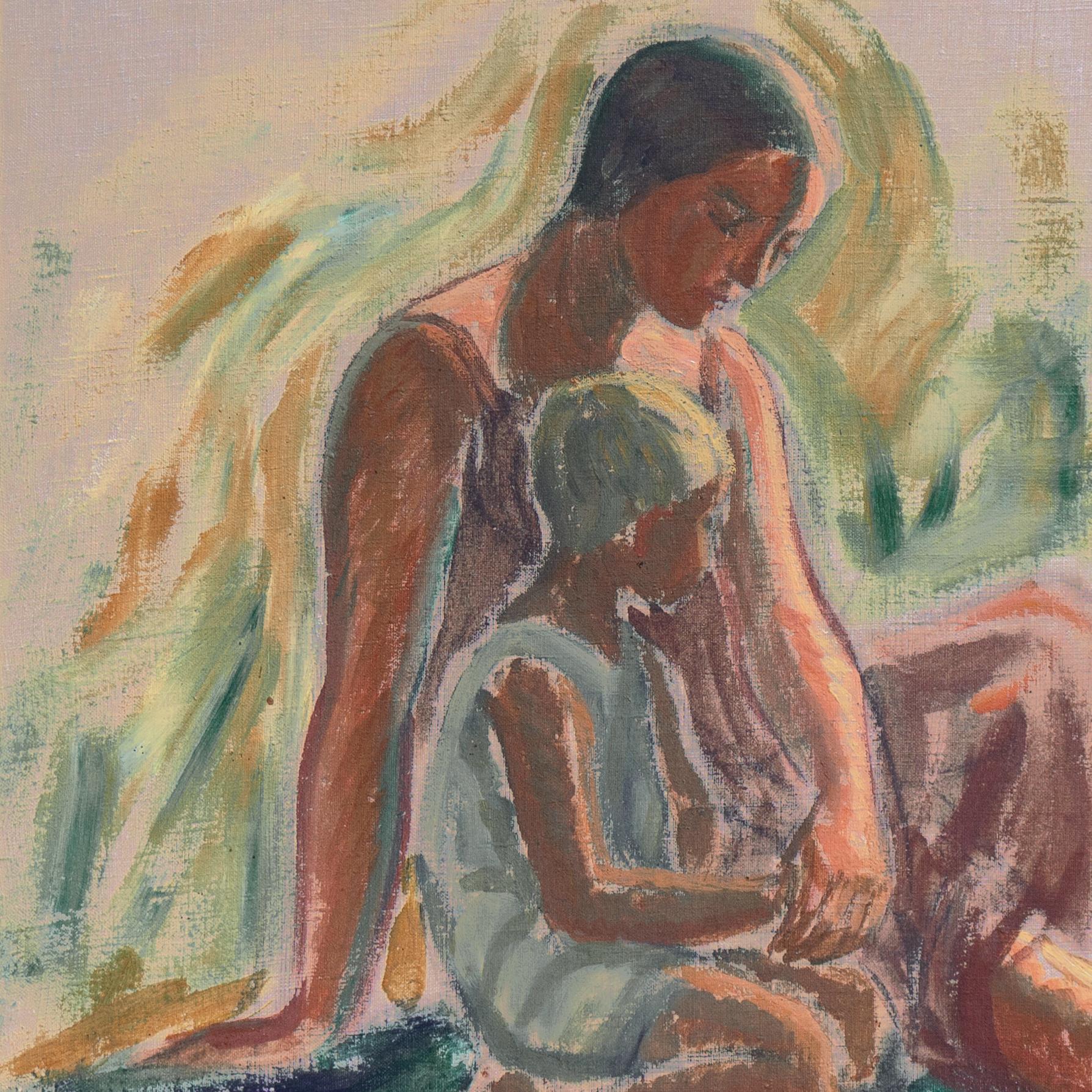 Mère et enfant, femme impressionniste, Paris, Académie Julian, Benezit - Marron Figurative Painting par Anna E Munch