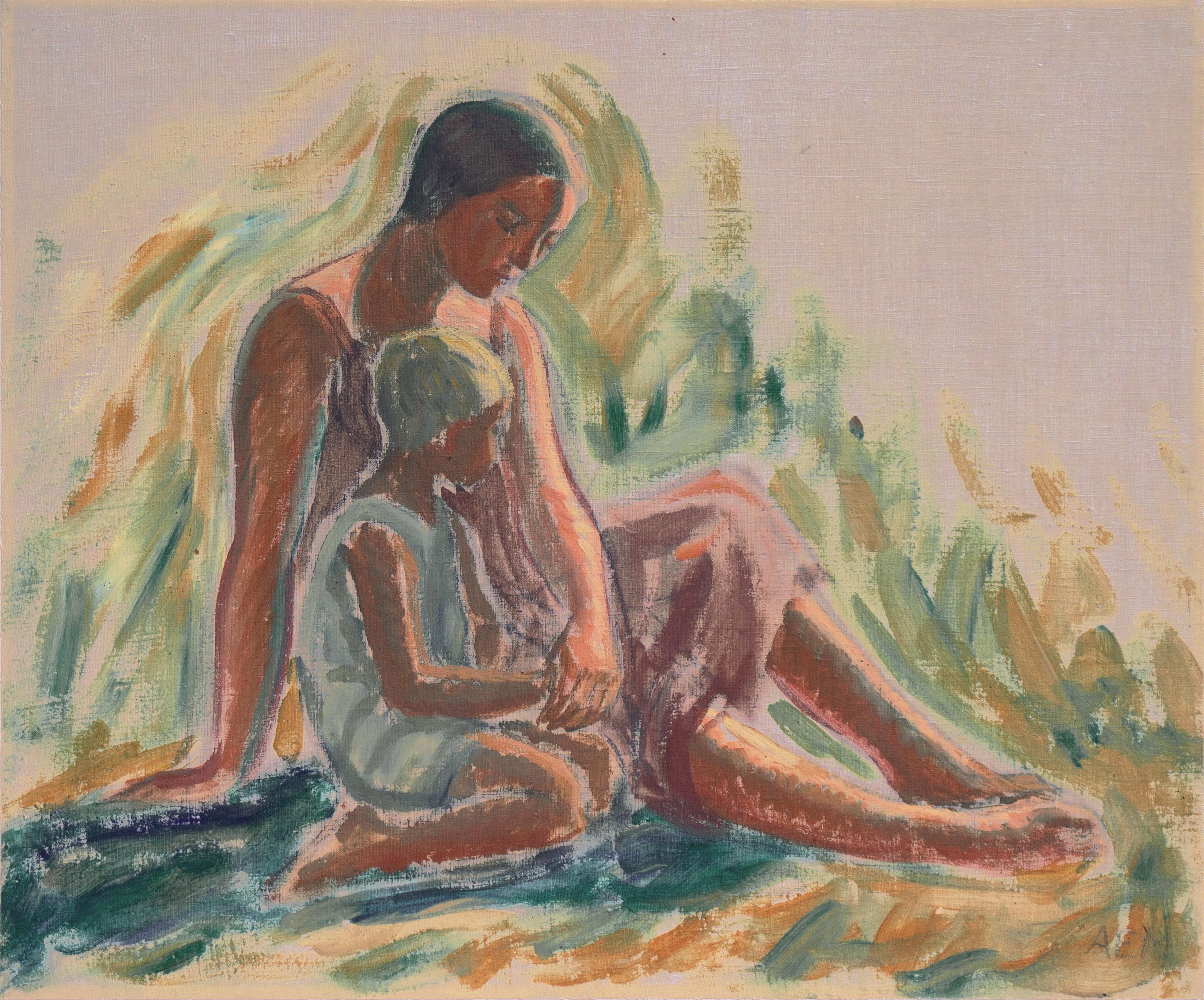 Figurative Painting Anna E Munch - Mère et enfant, femme impressionniste, Paris, Académie Julian, Benezit
