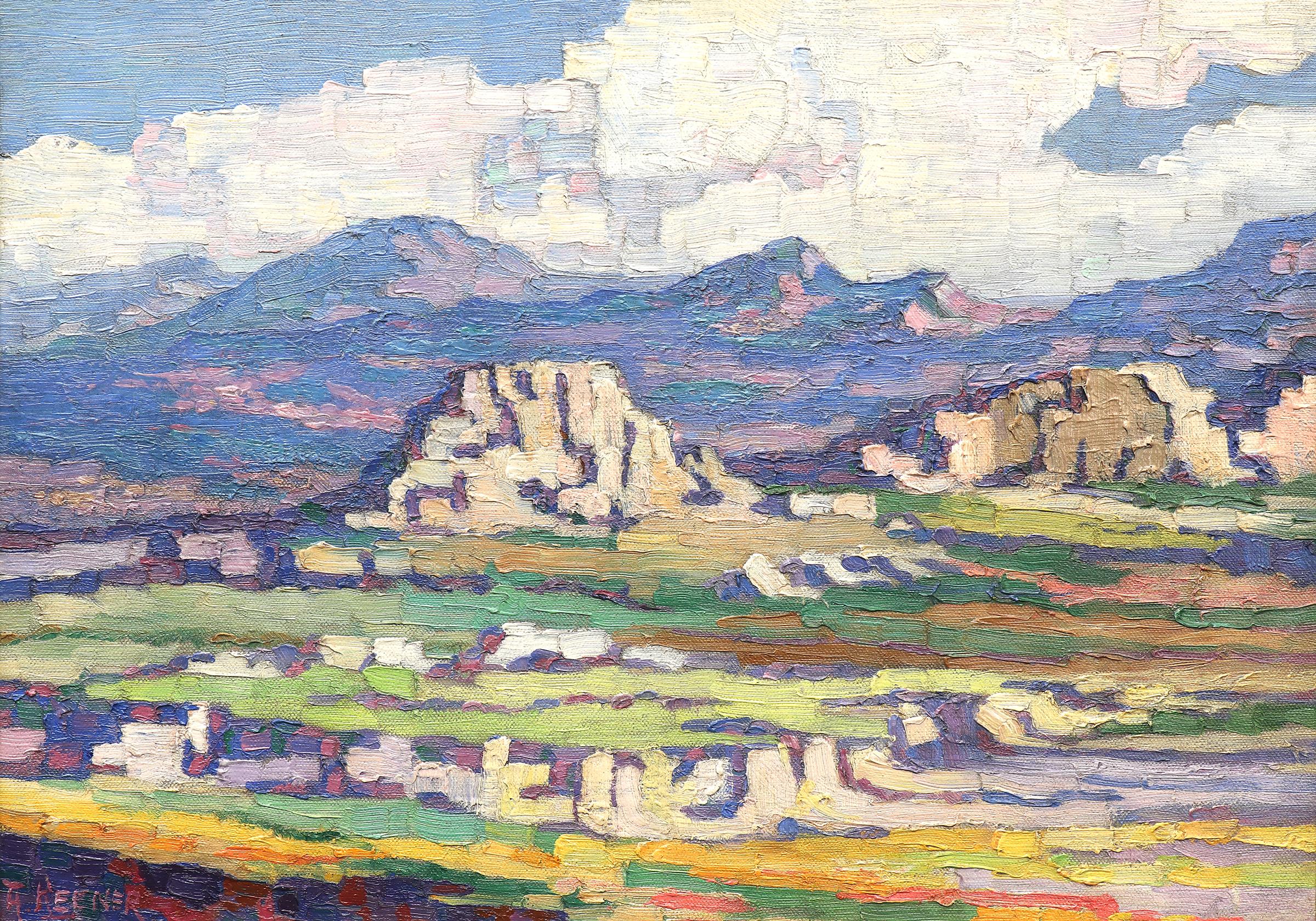 Oil on canvas painting by Anna Elizabeth Keener (1895-1982) titled 'Chalk Butte (Montana)' painted circa 1916. Signed lower left, titled verso by the artist. Presented in a custom frame measuring 16 ¾ x 22 ½ inches; image size is 13 ¾ x 19 ½