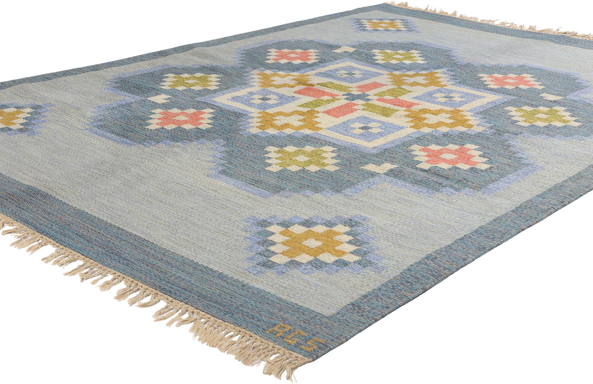 79060 Anna-Greta Sjoqvist Vintage Swedish Rollakan Rug, 05'05 x 08'00. This exquisite handwoven wool vintage rollakan rug, crafted by the talented Swedish designer Anna-Greta Sjoqvist, embodies the essence of Scandinavian artistry and heritage.