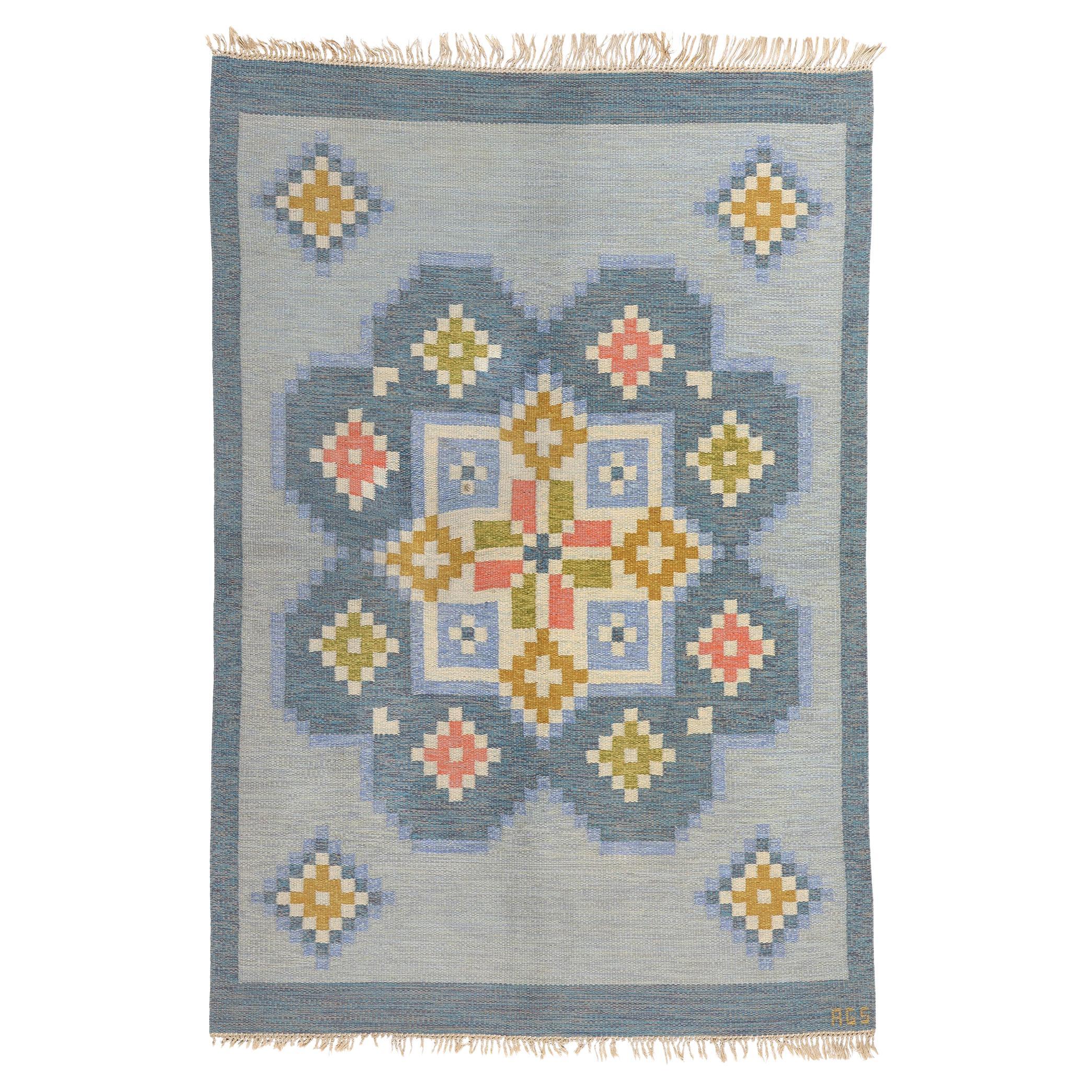 Anna-Greta Sjöqvist Vintage Swedish Scandinavian Röllakan Rug, 5'05 x 8'00 For Sale