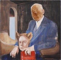 Vintage Signed Contemporary Surreal Conceptual Portrait Oil Painting