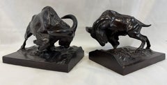 “Charging Mountain Goats” Pair Figural Bronze Sculptures Bookends Western Gorham