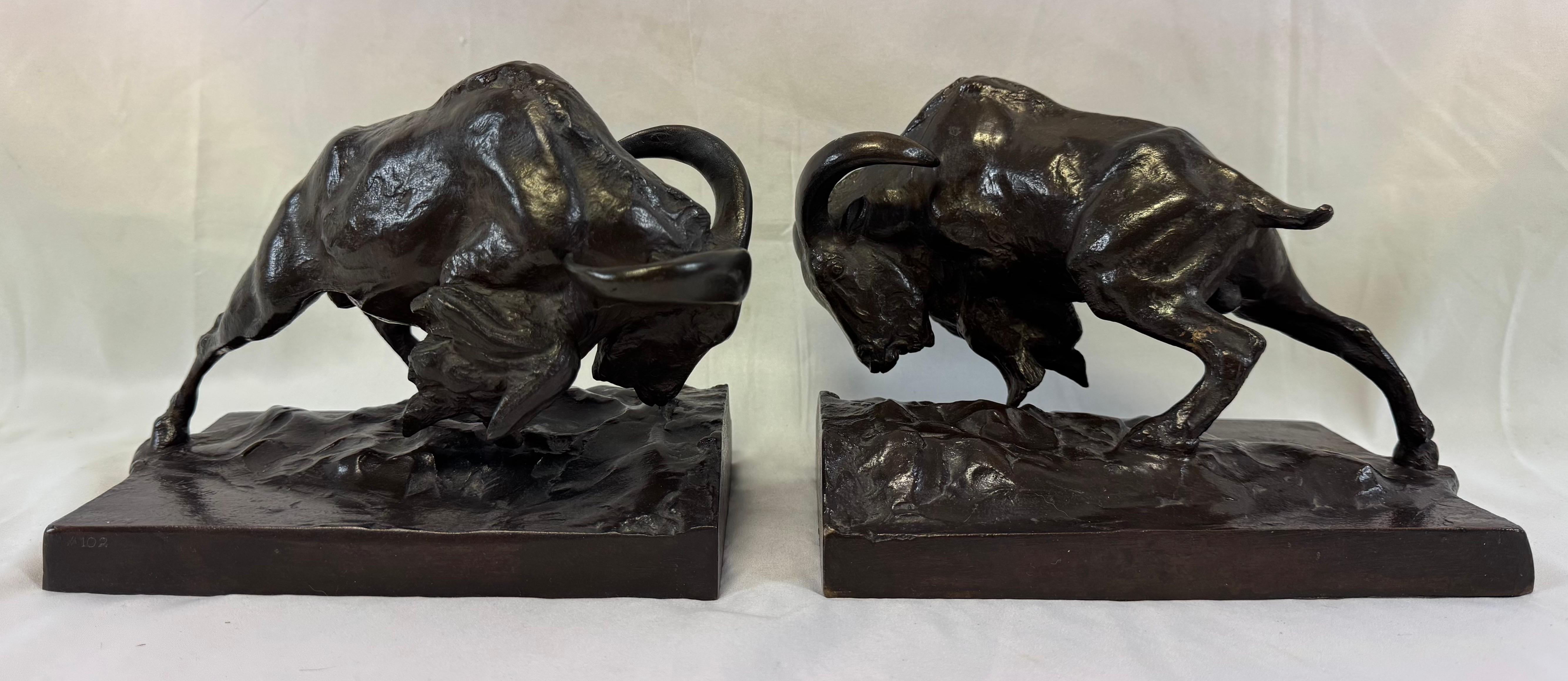Anna Hyatt Huntington Figurative Sculpture - “Charging Mountain Goats” Pair Figural Bronze Sculptures Bookends Western Gorham