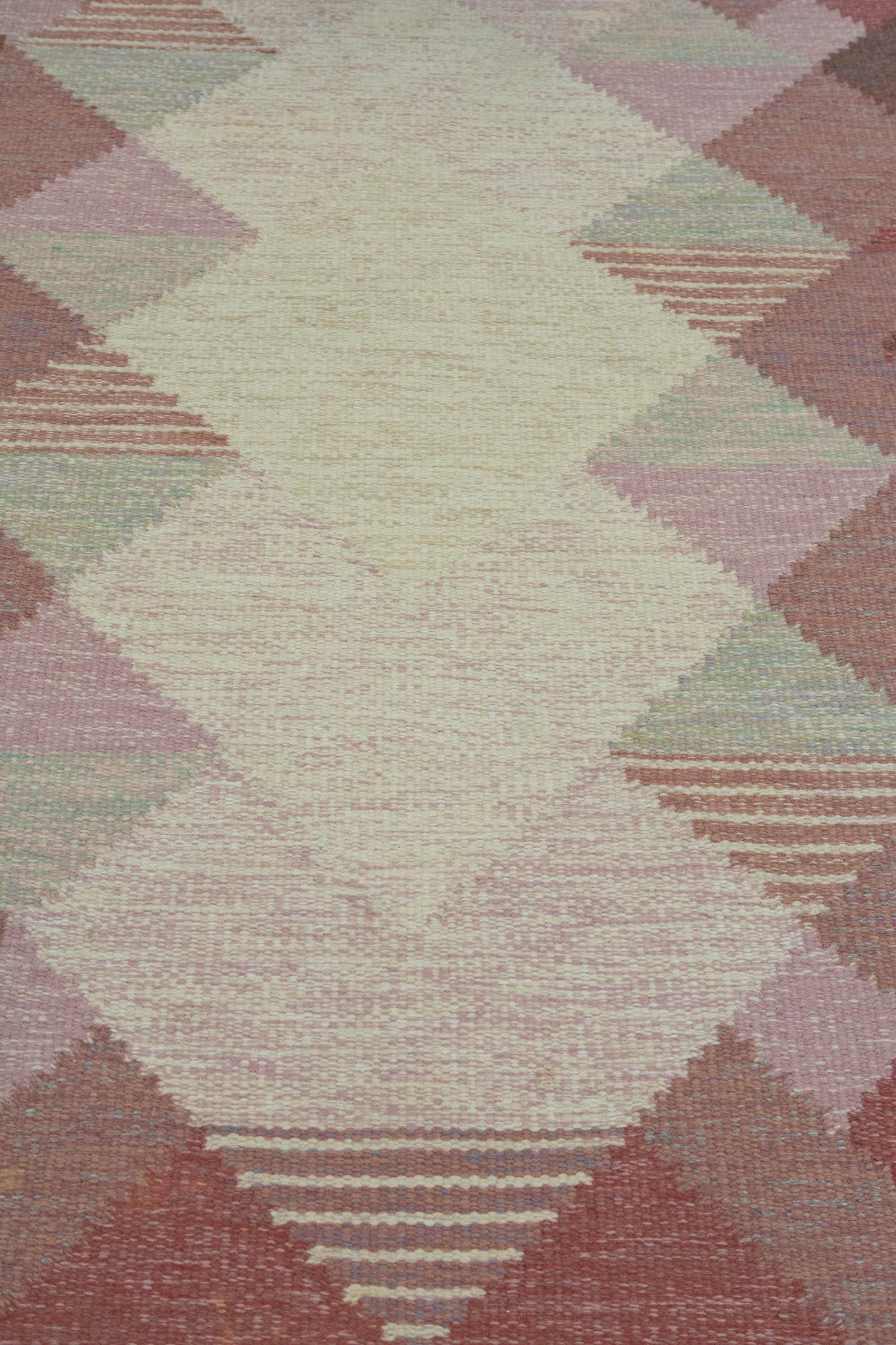 Anna Johanna Ångström Swedish Rölakan Rug with Pink Geometric Pattern, 1960's 5