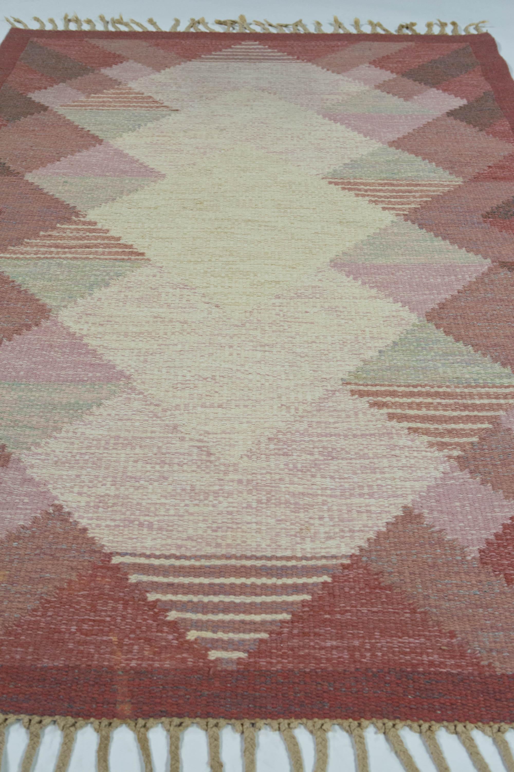 Anna Johanna Ångström Swedish Rölakan Rug with Pink Geometric Pattern, 1960's 6