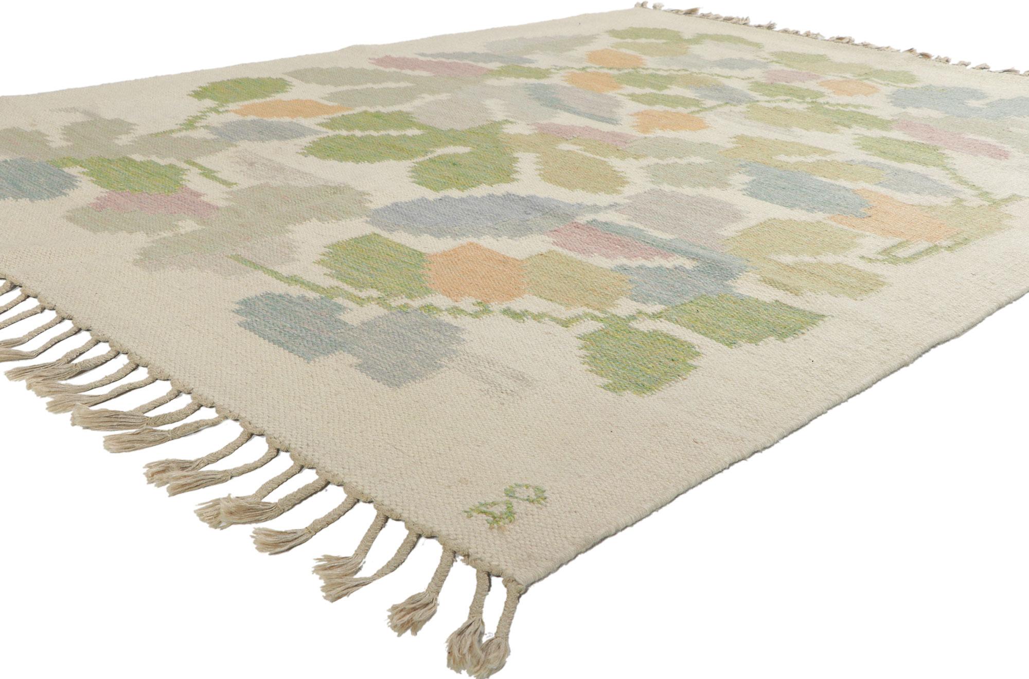 78500 Anna-Johanna Angstrom Vintage Swedish Kilim Rollakan Rug, 05'08 x 07'06. Emanating Scandinavian Modern style with incredible detail and texture, this handwoven Swedish rollakan rug is a captivating vision of woven beauty. The eye-catching