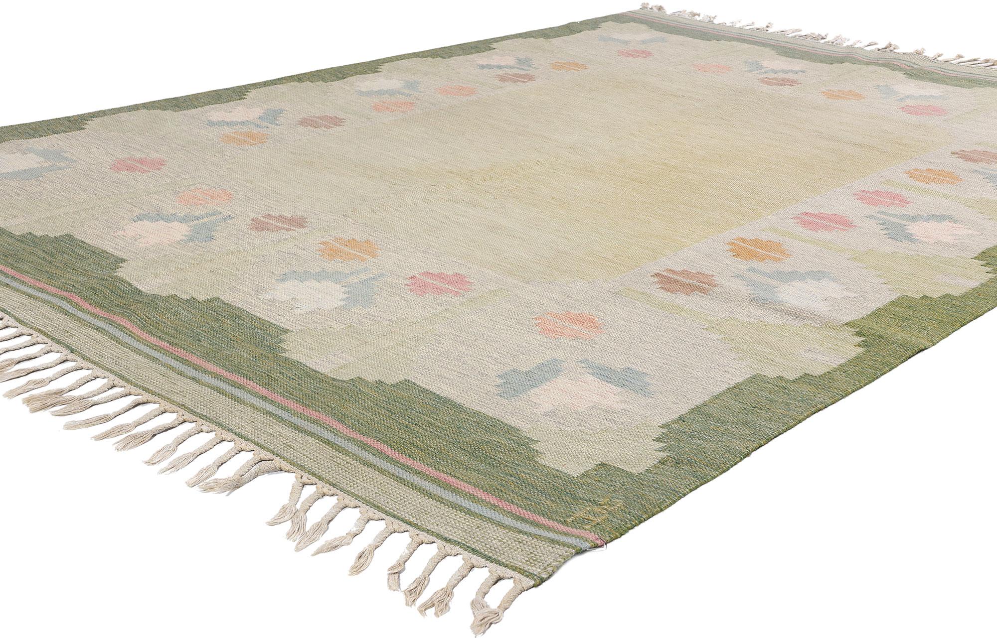 79029 Anna Johanna Angstrom Vintage Swedish Rollakan Rug, 06'05 x 09'03. This enchanting handwoven wool vintage Swedish Scandinavian rollakan rug, designed by Anna Johanna Angstrom, captures the essence of Nordic craftsmanship and timeless elegance.