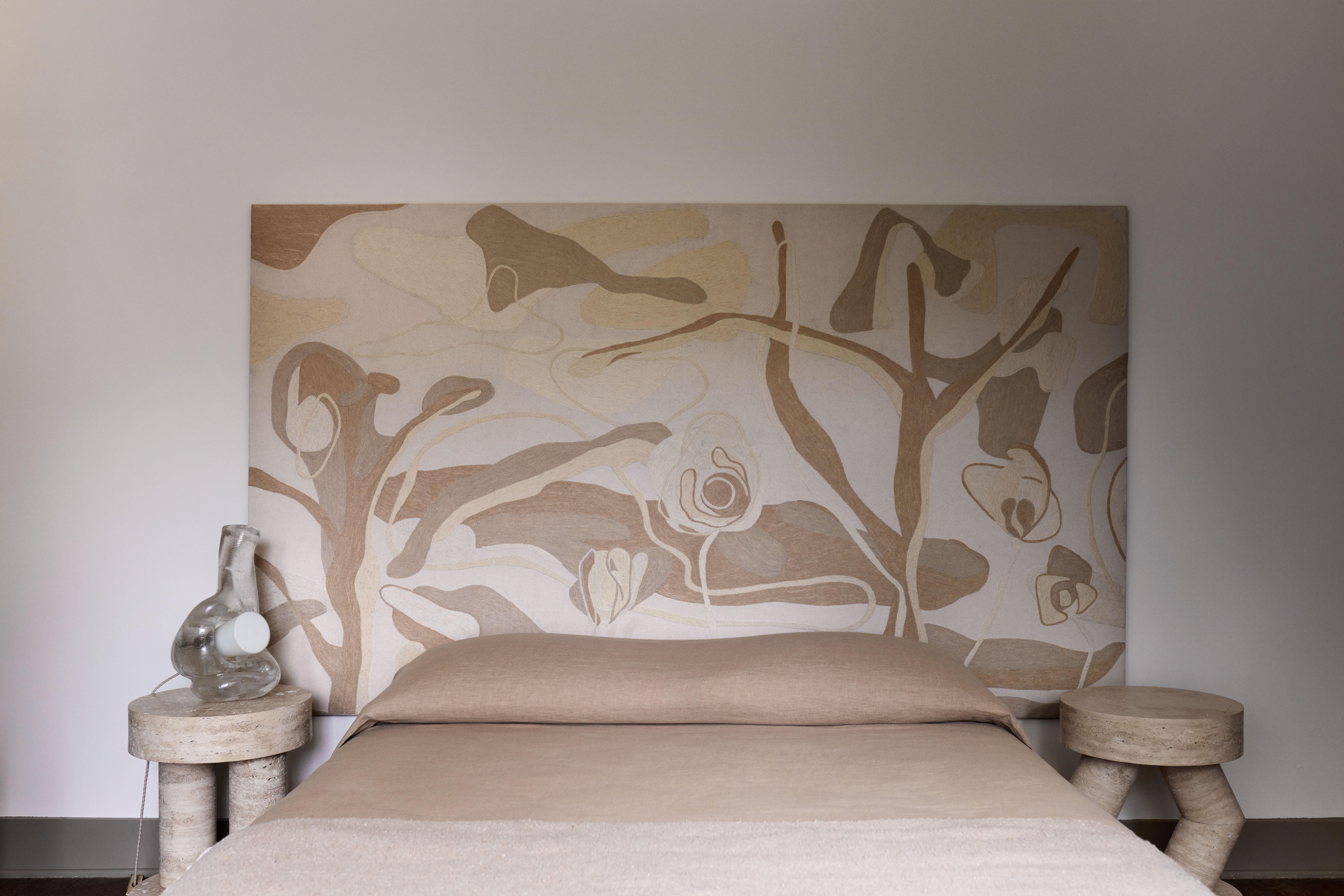 An abstract landscape of crewel embroidery, rendered in either a vibrant or neutral color palette.

Materials: Wool and Linen

Sizing and pricing:
Twin  52