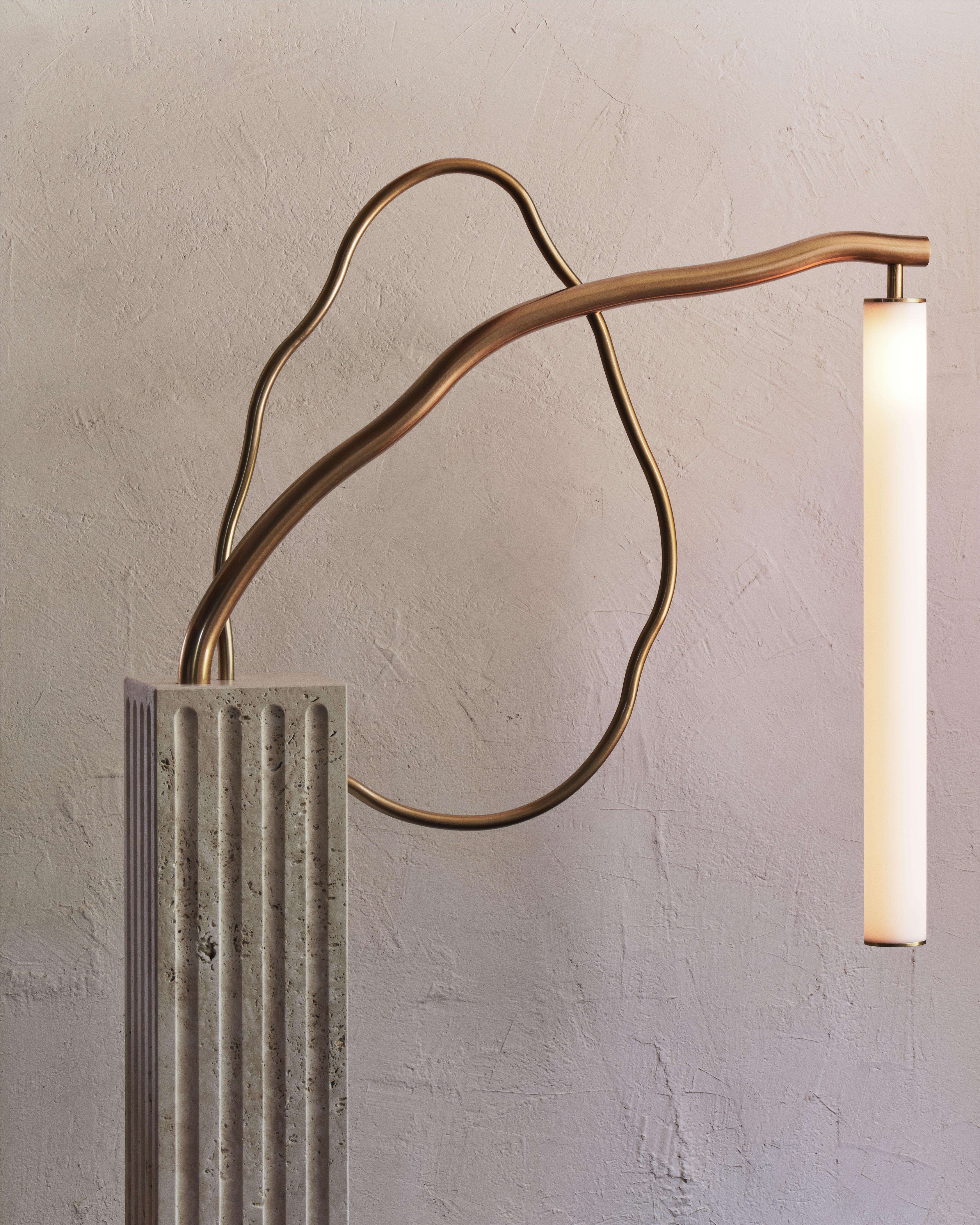 Organic tubes of bronze emerge from a rectangular fluted travertine plinth. An acrylic tube suspended in space provides a soft glow.

Materials: Light Travertine, Matte White Acrylic, Sulfur Bronzed Steel

Dimensions: 25-1/8