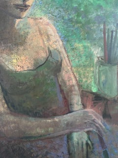 Vicino alla finestra, in un atelier. Pittura ad olio figurativa, Colori tenui, Arte polacca