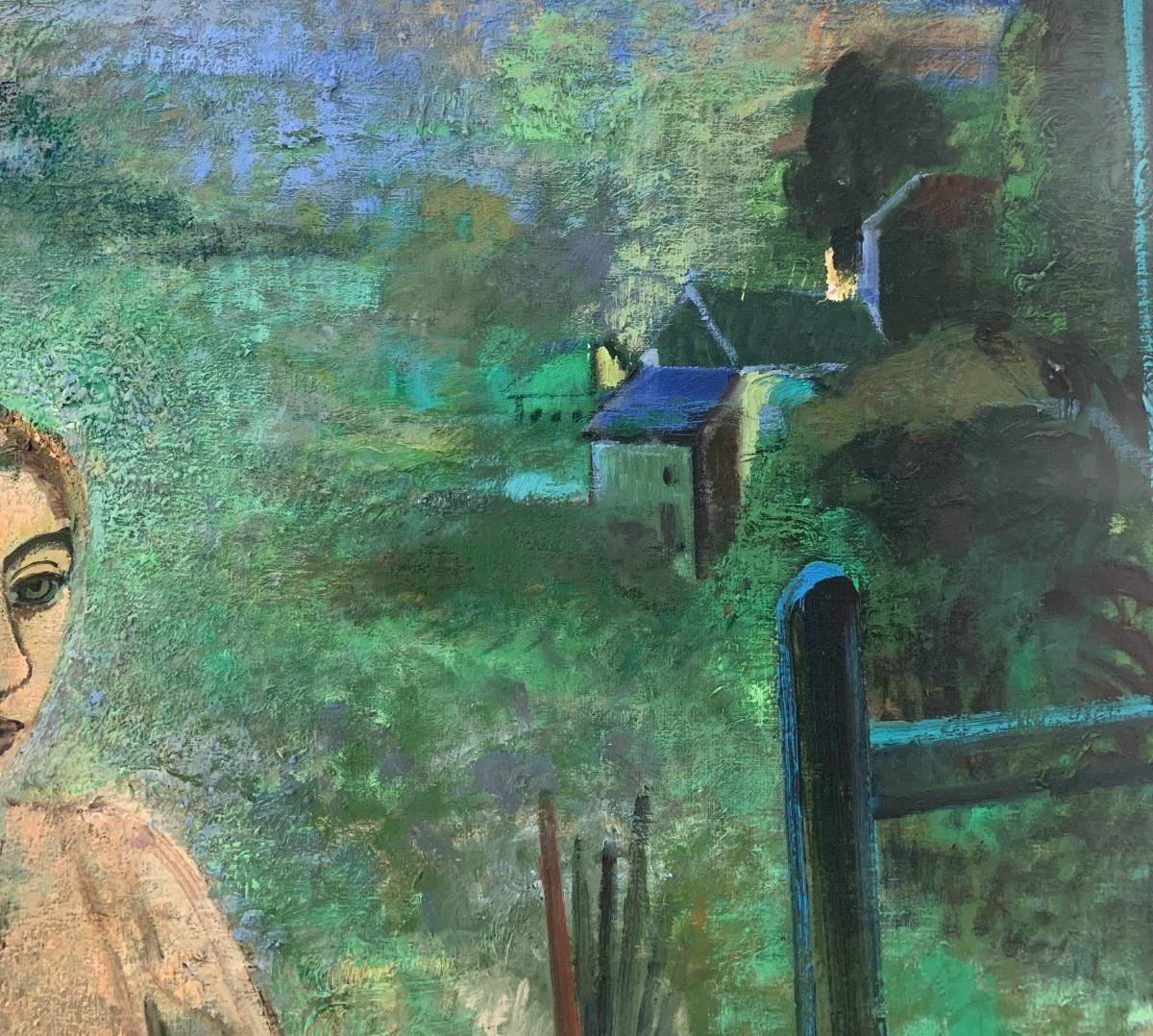 Vicino alla finestra, in un atelier. Pittura ad olio figurativa, Colori tenui, Arte polacca - Painting Contemporaneo di Anna Karpowicz-Westner