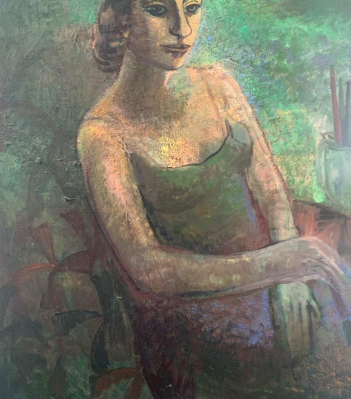 Dipinto contemporaneo a olio su tela dell'artista polacca Anna Karpowicz-Westner. I colori del dipinto sono caldi e piuttosto tenui. L'opera d'arte raffigura una donna seduta davanti a una tela su un cavalletto, con pennelli e una composizione di