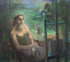 Vicino alla finestra, in un atelier. Pittura ad olio figurativa, Colori tenui, Arte polacca
