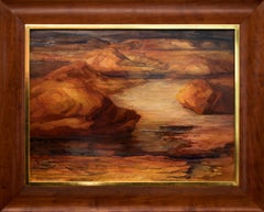 Rockies and Water Abstracted Landscape / Vintage Oil Painting Orange Brown