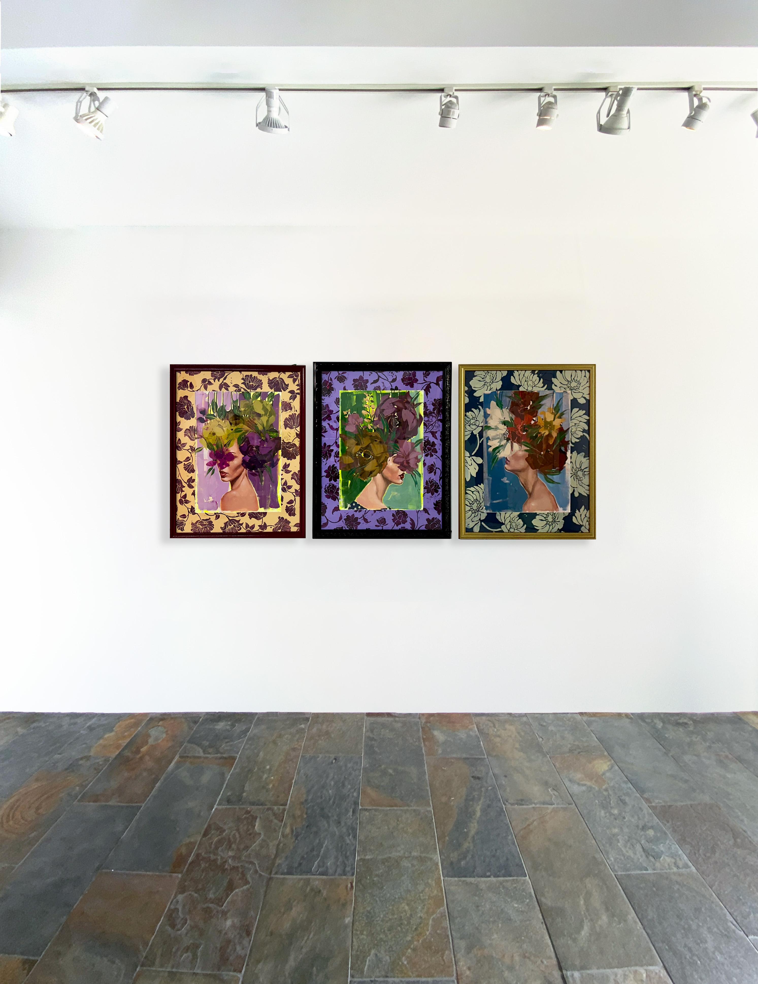 Figurativ/Frau, Papier, Porträt, Blumen, Untitled Triptych Anna Kincaide 1