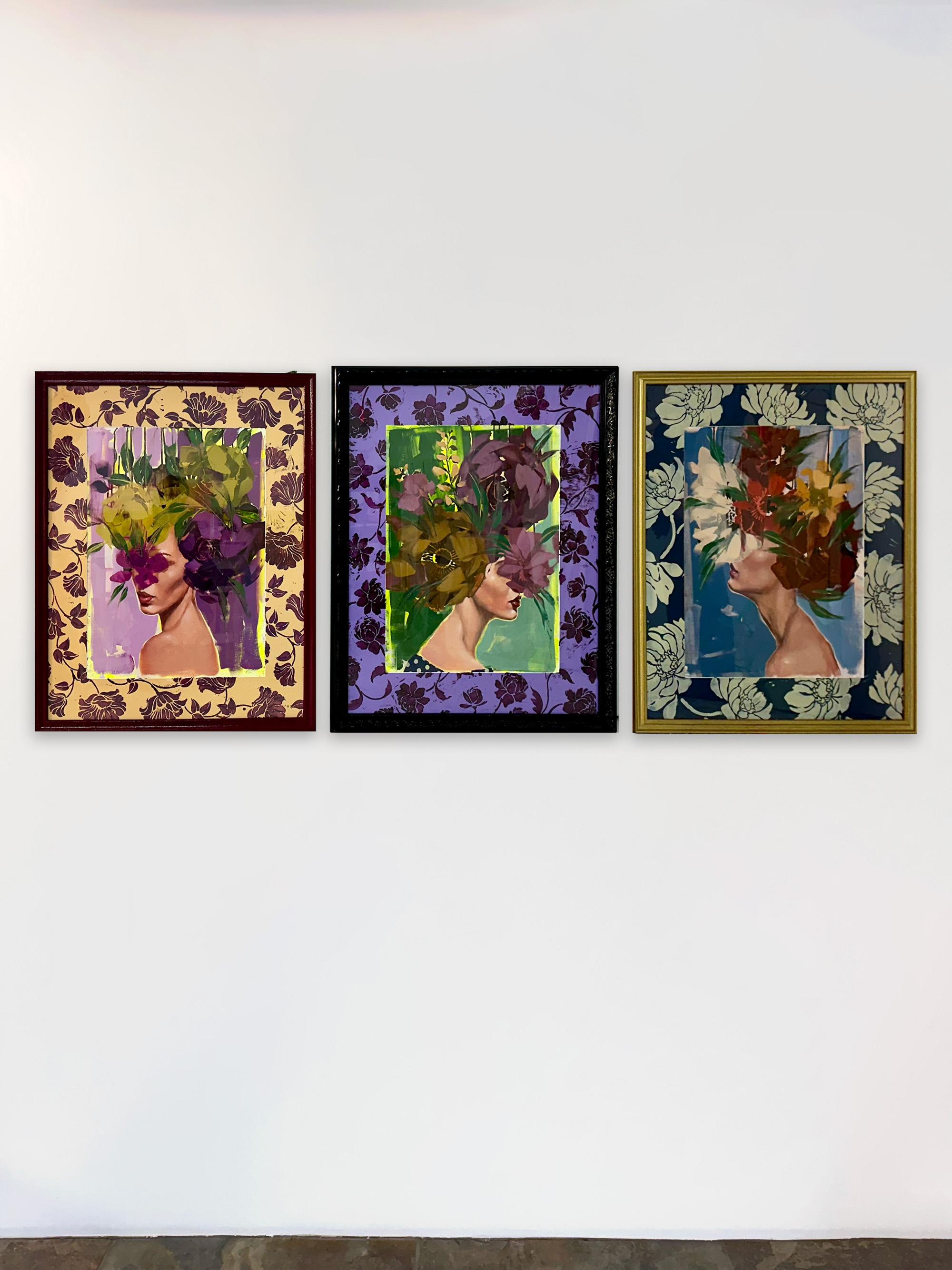 Figurativ/Frau, Papier, Porträt, Blumen, Untitled Triptych Anna Kincaide 2
