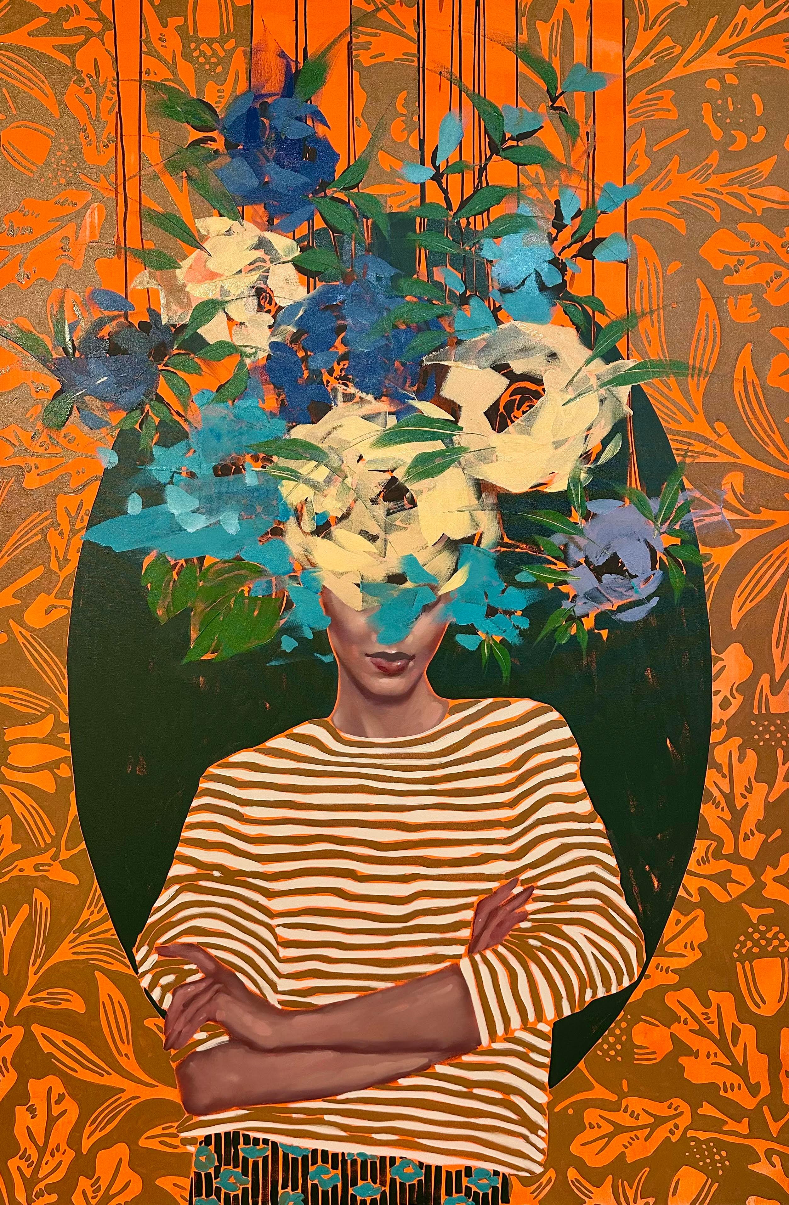 ANNA KINCAIDE
"Tangerine"
Huile sur toile
72 x 48 pouces

Communiquant l'émotion et la narration avec l'aide limitée des expressions faciales de son personnage, Anna Kincaide crée des cascades de fleurs qui recouvrent ses sujets afin d'explorer