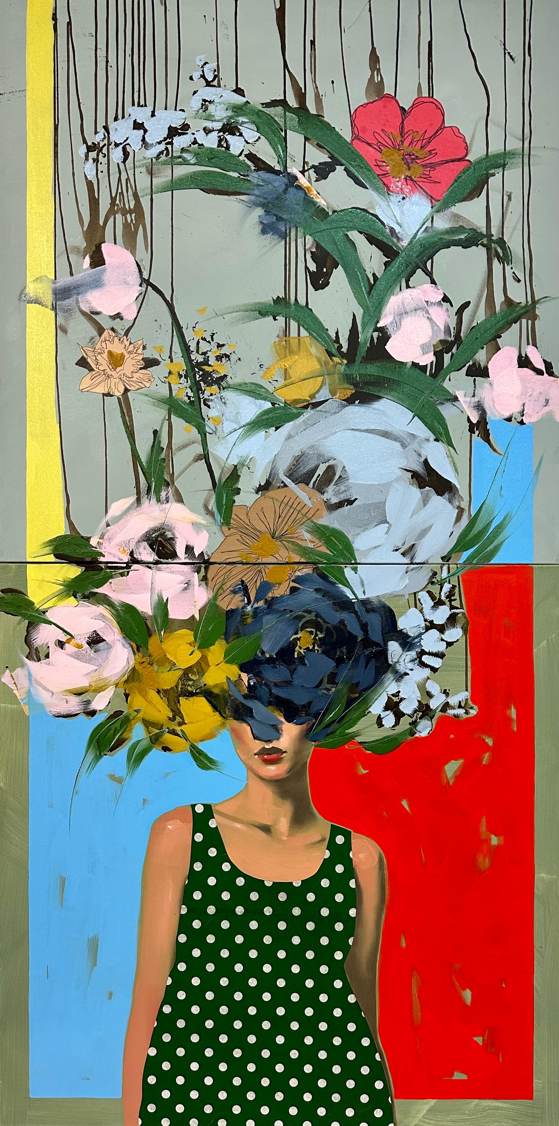 ANNA KINCAIDE
"A Way To Escape (Diptych)"
Oil & Mixed Media on Canvas
72 x 36 inches

Communicating emotion and narrative with limited assistance from her figure’s facial expressions, Anna Kincaide creates cascades of flowers that cover her subjects