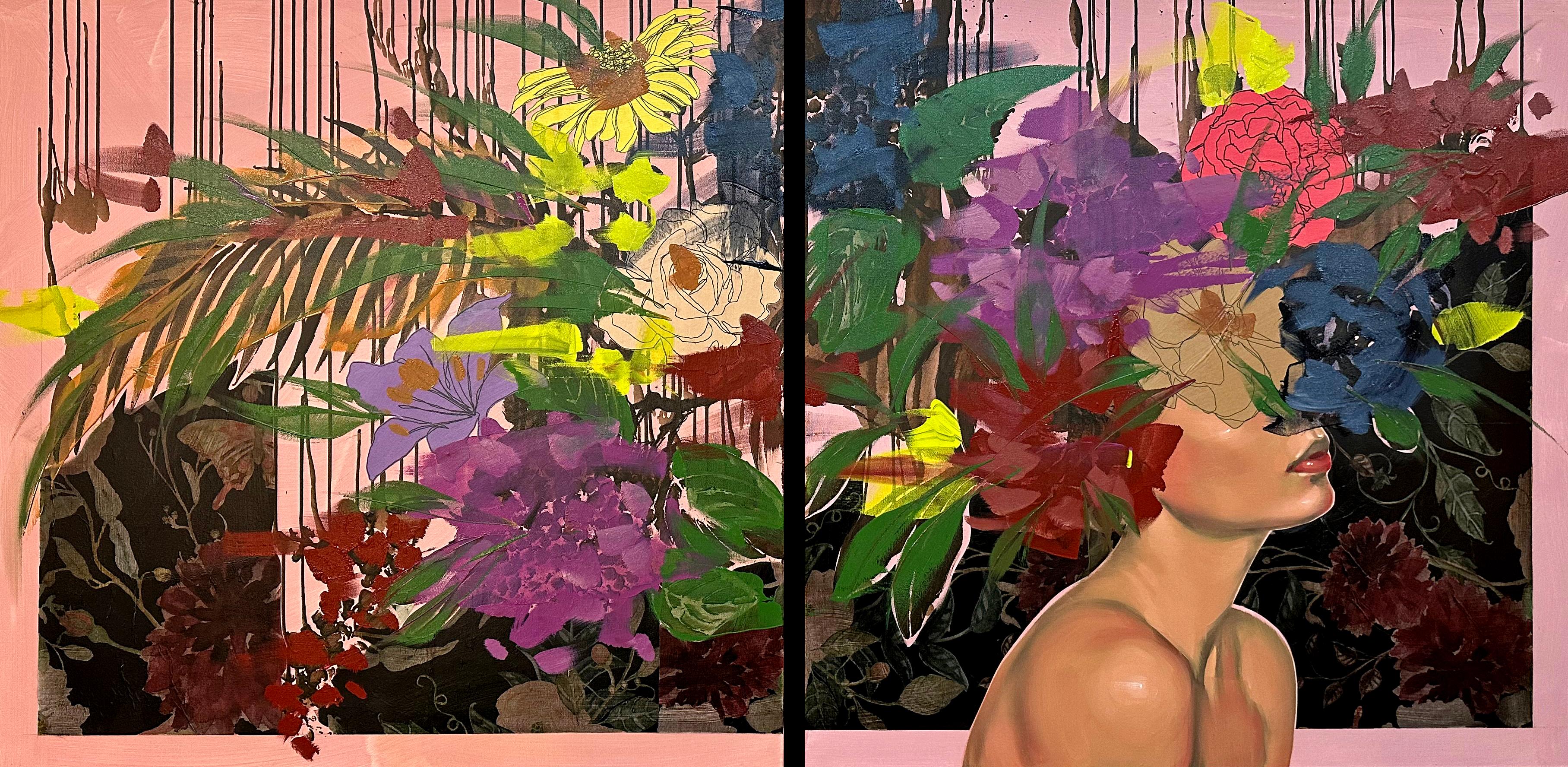 ANNA KINCAIDE
"I've Made My Escape (Diptych)"
Oil & Mixed Media on Canvas
36 x 72 inches

Communicating emotion and narrative with limited assistance from her figure’s facial expressions, Anna Kincaide creates cascades of flowers that cover her