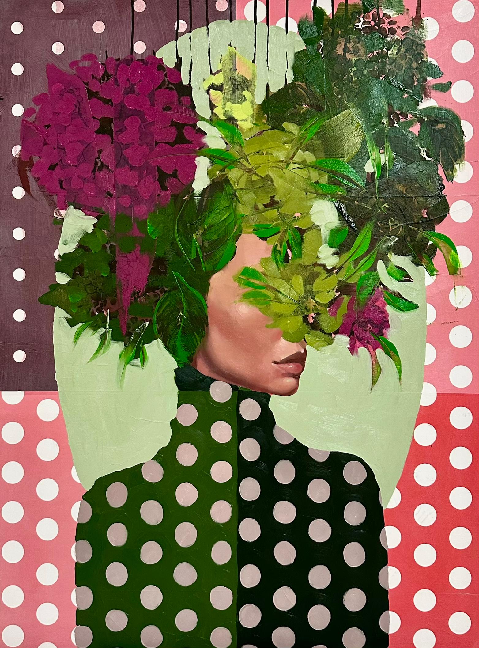 ANNA KINCAIDE
"Dot"
Oil and Mixed Media on Canvas
48 x 36 inches

Communicating emotion and narrative with limited assistance from her figure’s facial expressions, Anna Kincaide creates cascades of flowers that cover her subjects to explore
