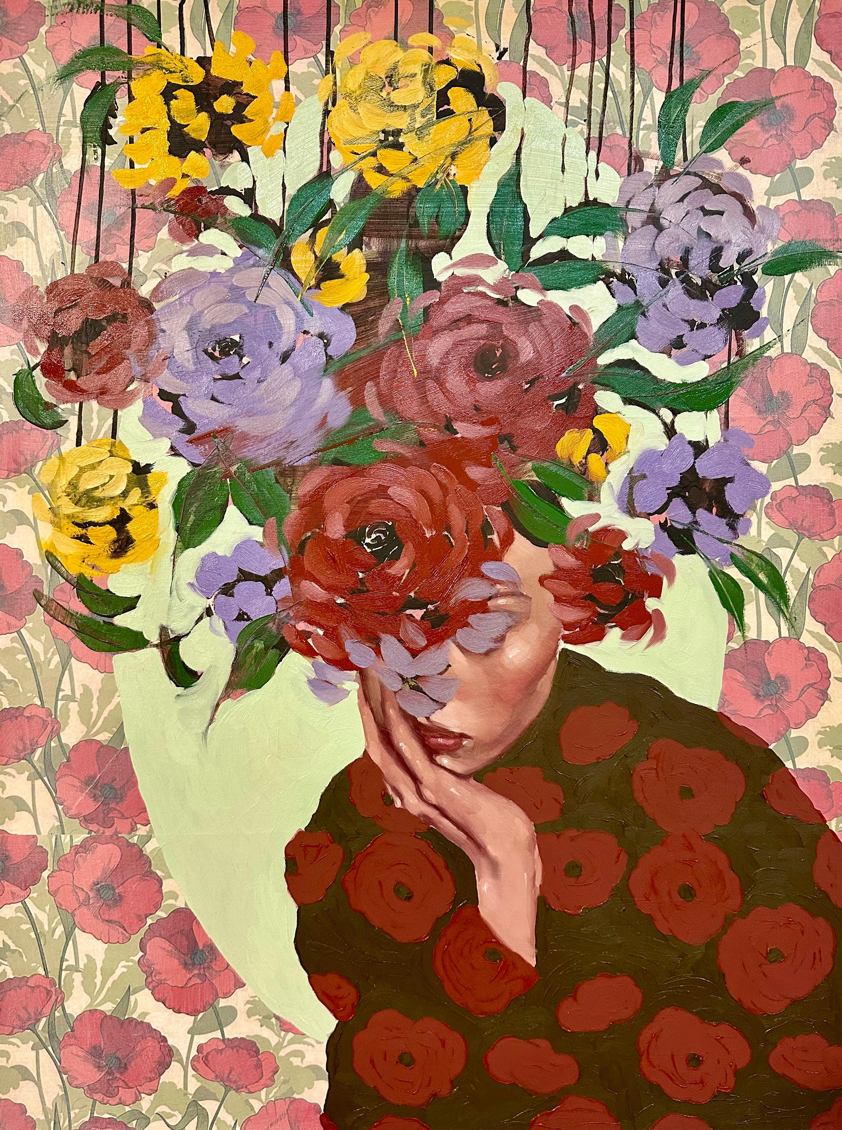 ANNA KINCAIDE
"Roses are Red"
Oil and Mixed Media on Canvas
40 x 30 inches

Communicating emotion and narrative with limited assistance from her figure’s facial expressions, Anna Kincaide creates cascades of flowers that cover her subjects to