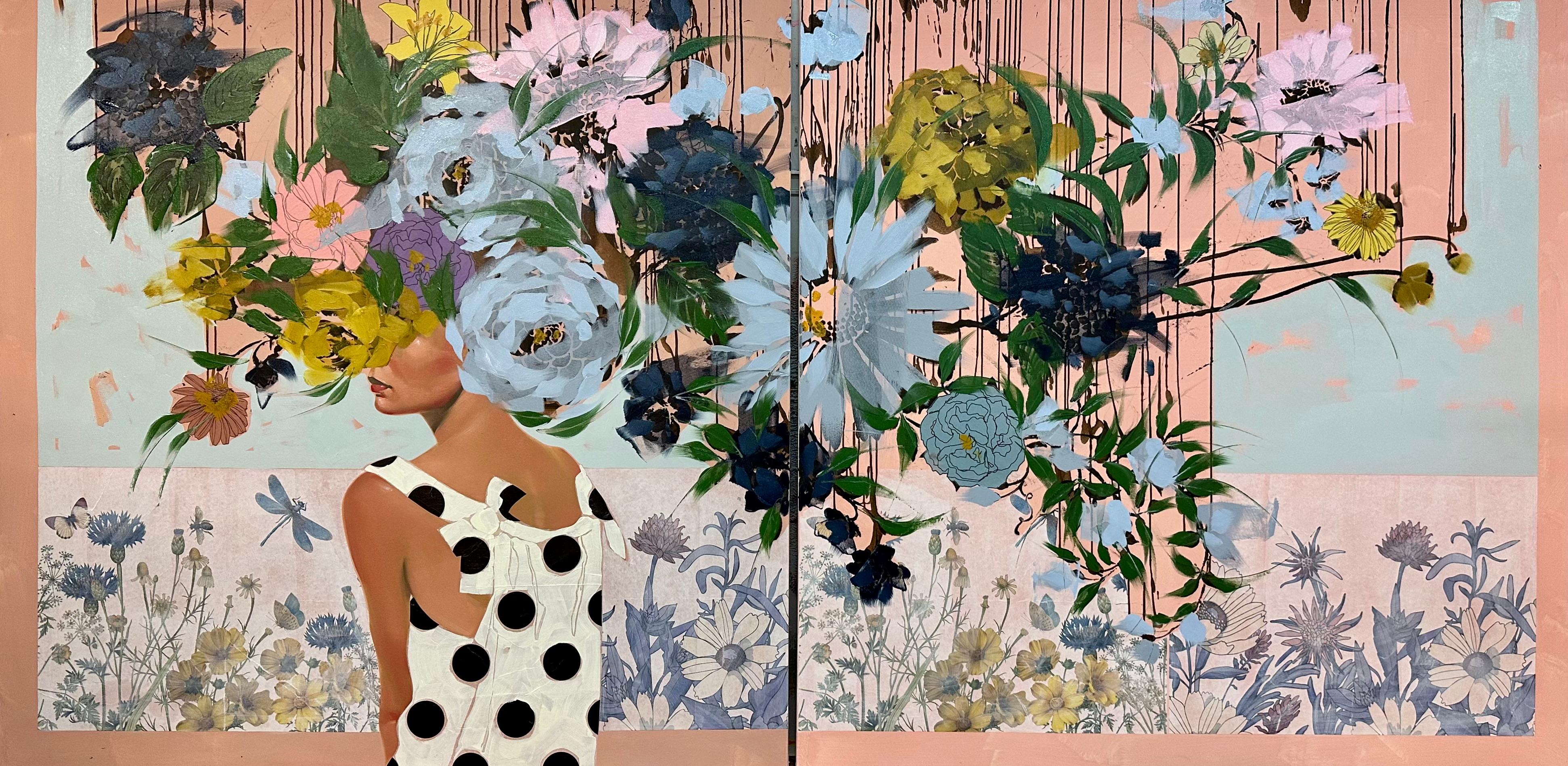 ANNA KINCAIDE
"Sounds of Summer (Diptych)"
Oil & Mixed Media on Canvas
60 x 120 inches

Communicating emotion and narrative with limited assistance from her figure’s facial expressions, Anna Kincaide creates cascades of flowers that cover her