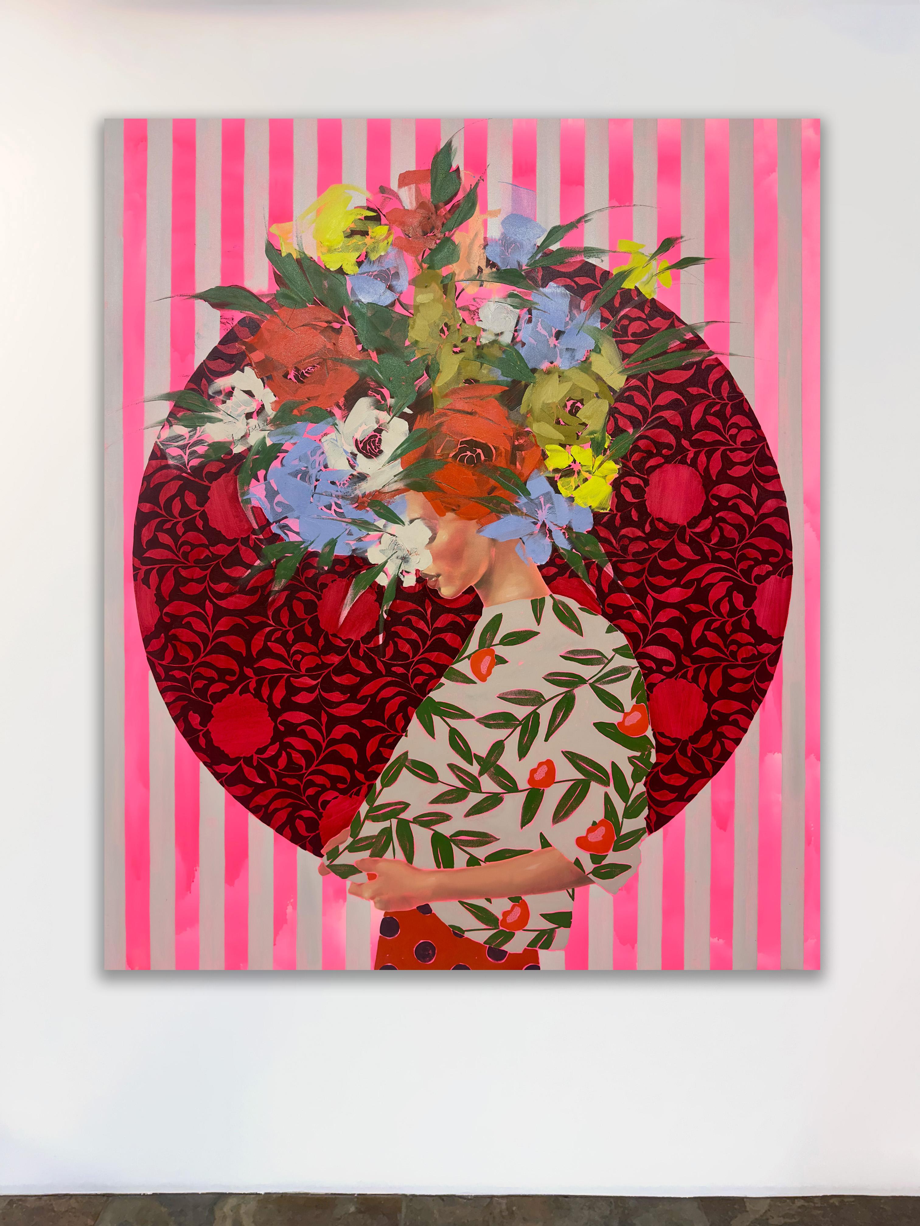 Figurativ, Weibliches Porträt, Rosa geblümt 