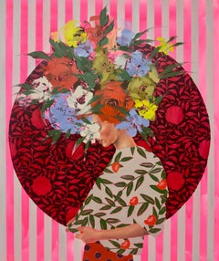 Figurative, Female Portrait, Pink Floral "Don't Look Down" by Anna Kincaide
