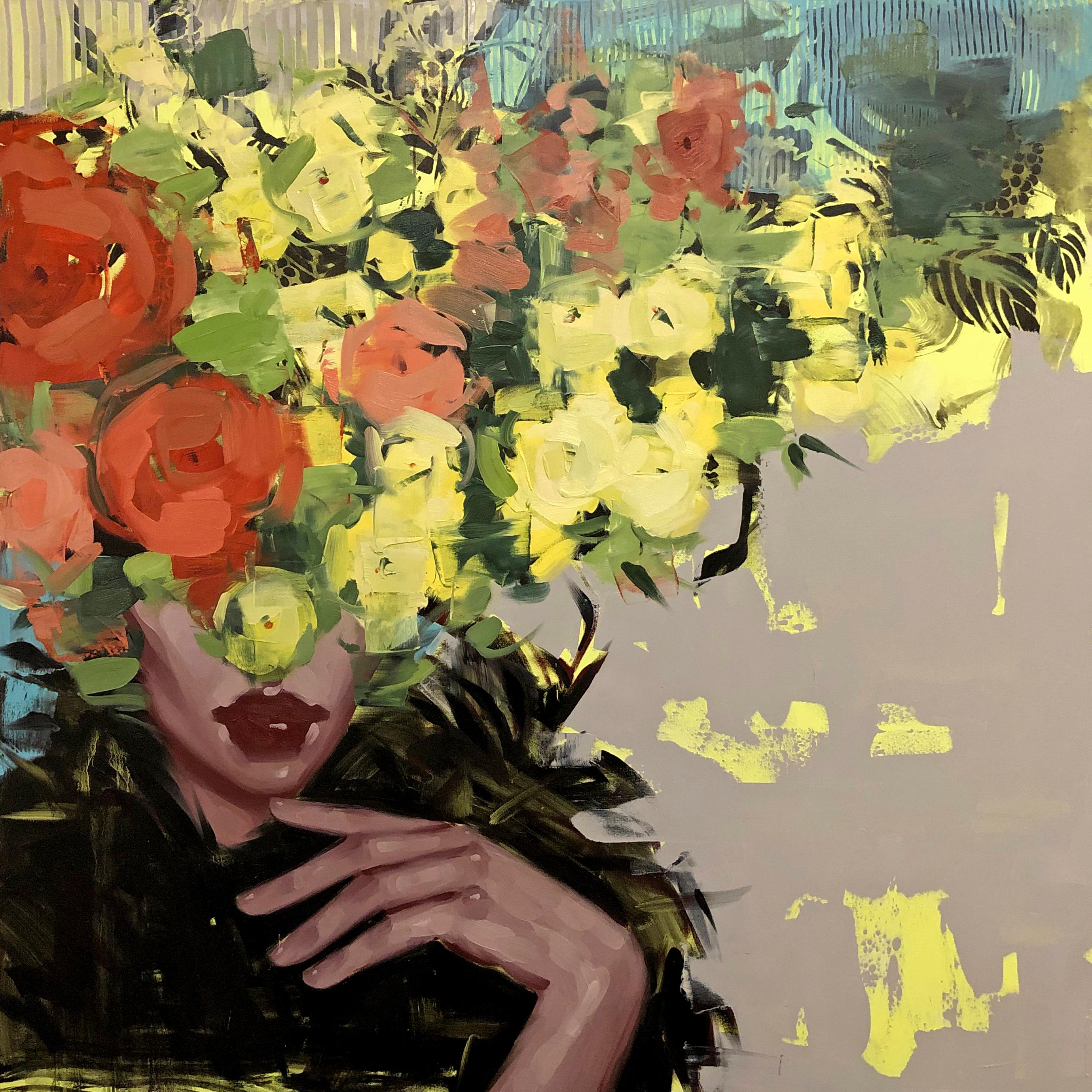 ANNA KINCAIDE
Give Me Something to Dream About 
Oil on Canvas
60 x 60 inches

Communicating emotion and narrative with limited assistance from her figure’s facial expressions, Anna Kincaide creates cascades of flowers that cover her subjects to