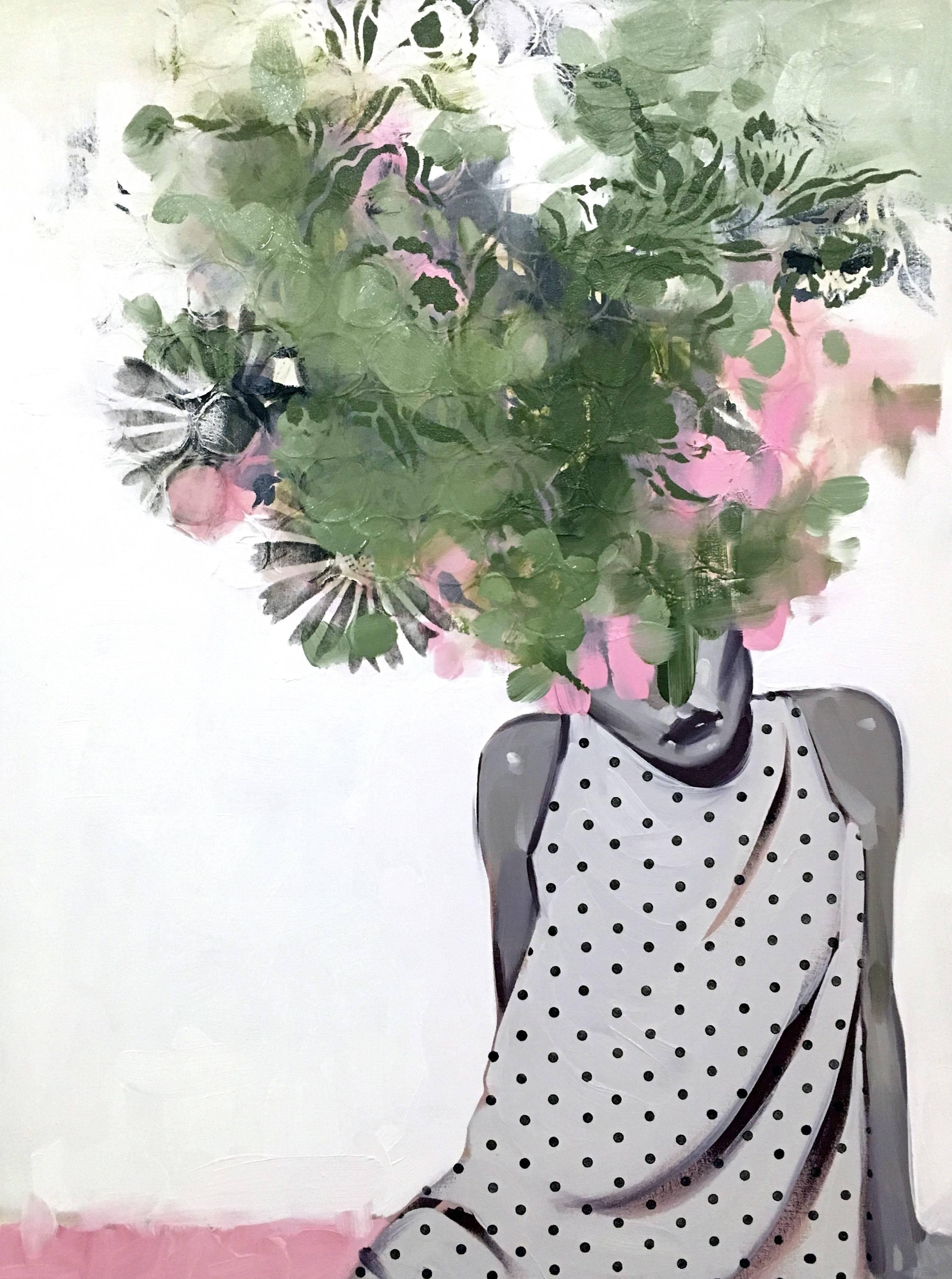 Anna Kincaide Figurative Painting - "I Only Miss You When the Sun Goes Down" Woman in polka dots with floral bouquet