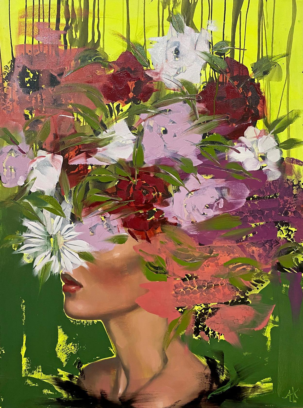Outer Peace, 2021_Figurative/Oil on Canvas (Female Portrait + Abstract Florals)