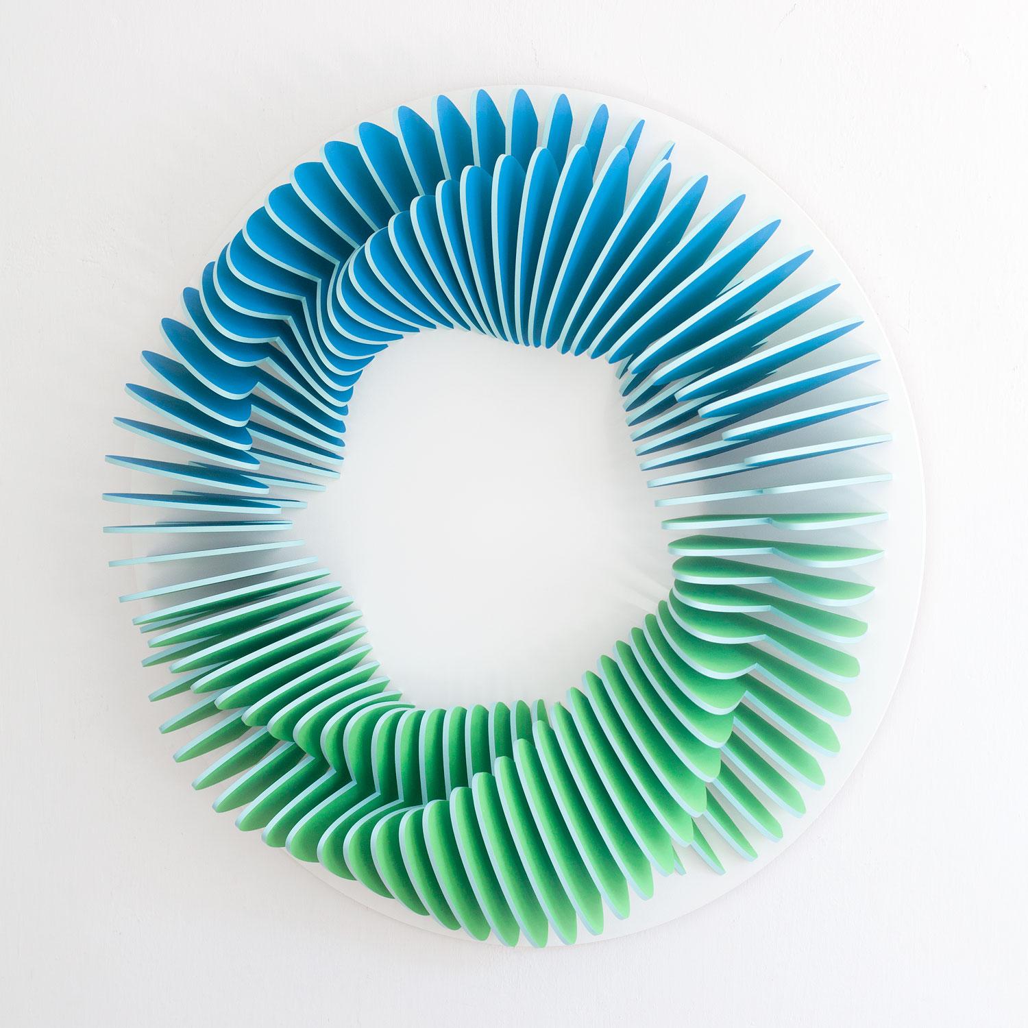 Anna Kruhelska Abstract Sculpture - CC 102 - Blue green abstract geometric 3D wall circular sculpture