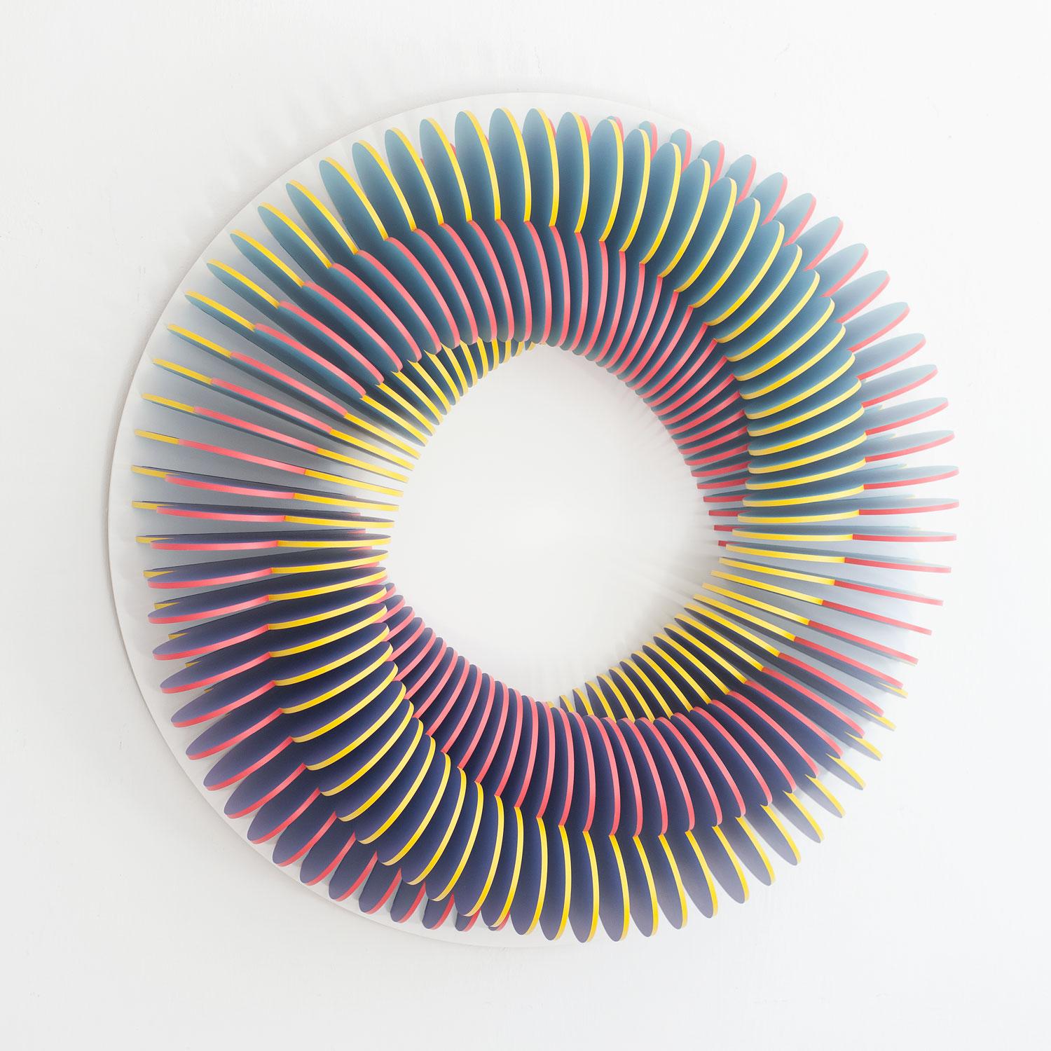 CC 103 - Pink yellow blue abstract geometric 3D wall circular sculpture - Abstract Geometric Sculpture by Anna Kruhelska