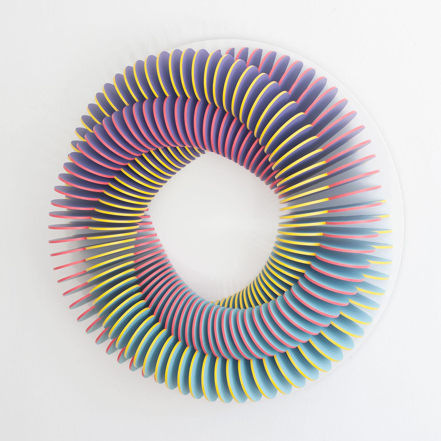 Anna Kruhelska Abstract Sculpture - CC 103 - Pink yellow blue abstract geometric 3D wall circular sculpture