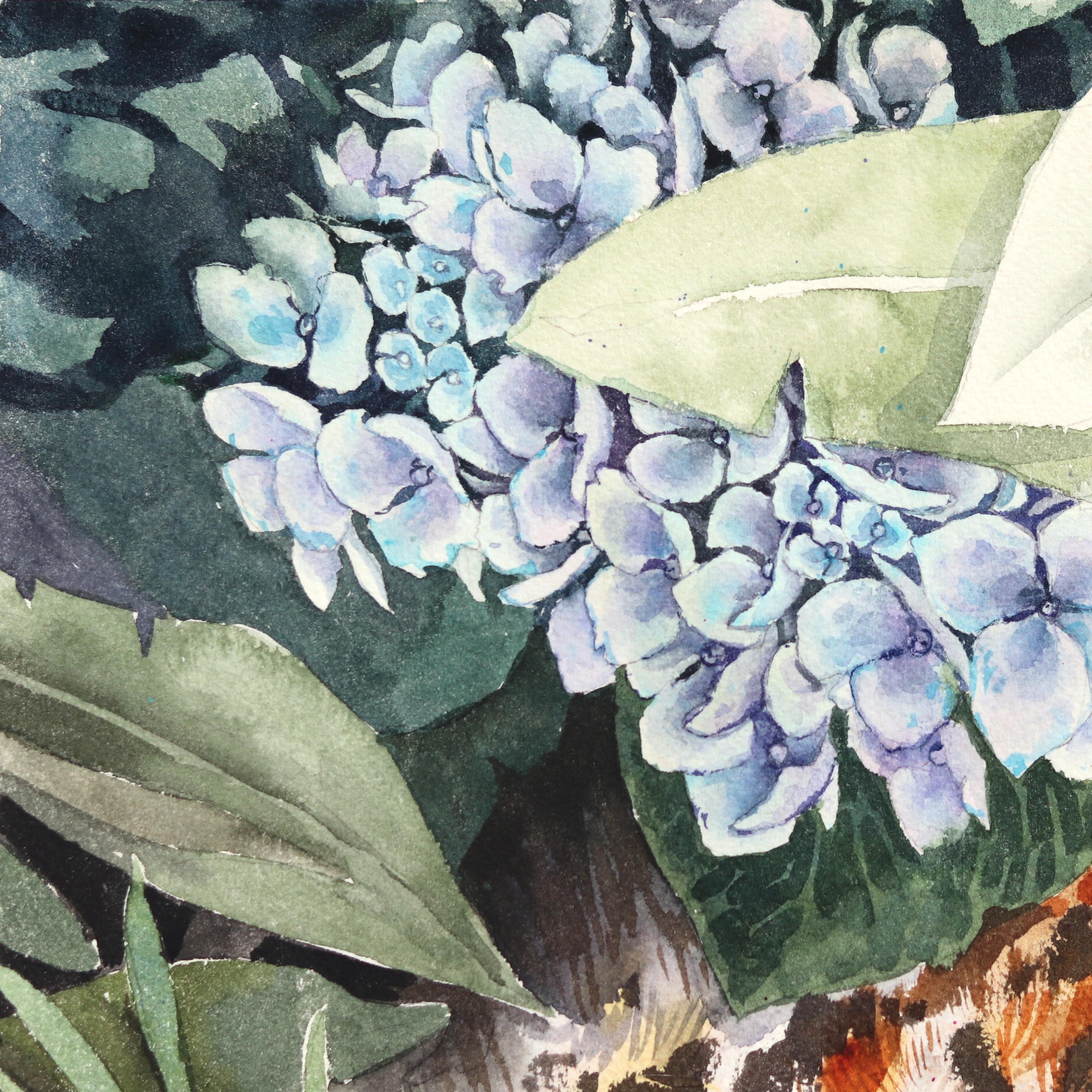 Un Tigre y un Colibrí - Acuarela Floral Animal en la Naturaleza Pintura Enmarcada - Painting Contemporáneo de Anna Kudriashova