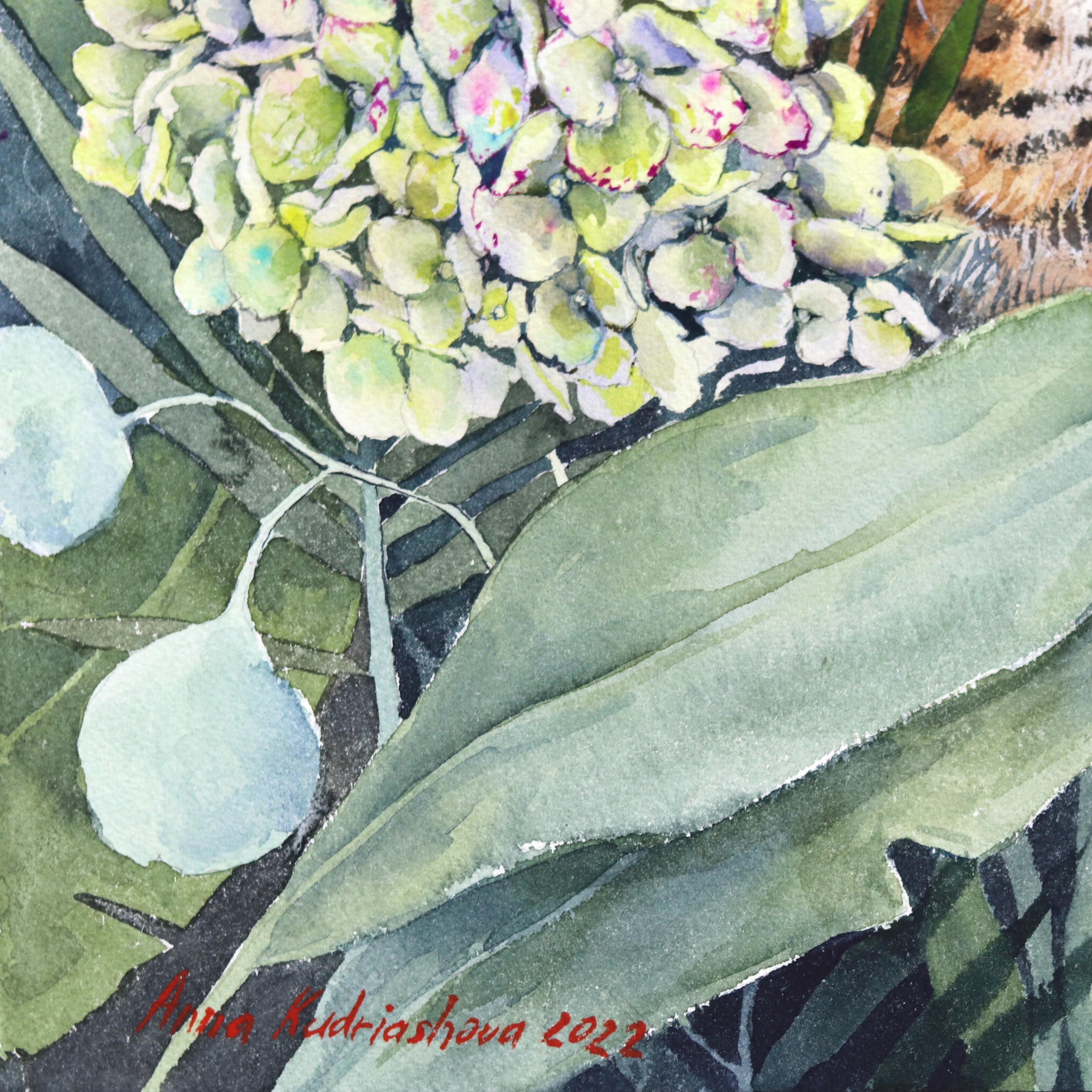 Un Tigre y un Colibrí - Acuarela Floral Animal en la Naturaleza Pintura Enmarcada en venta 3